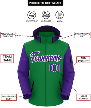 Custom Kelly Green Purple-White Raglan Sleeves Waterproof Jacket