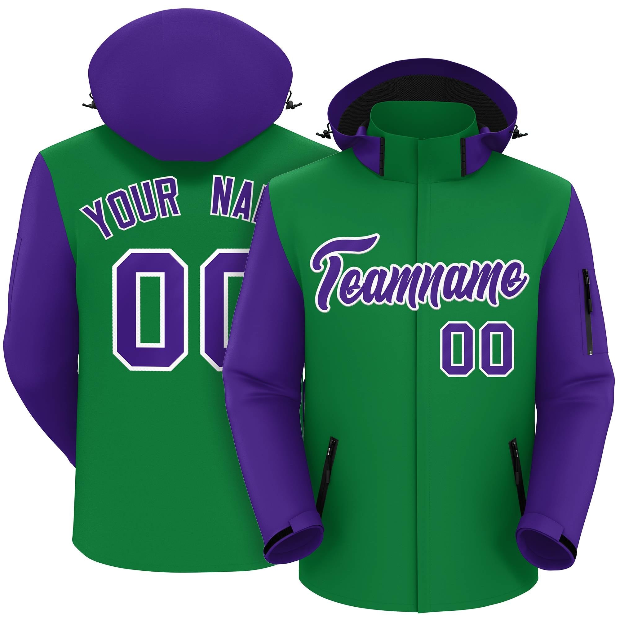 Custom Kelly Green Purple-White Raglan Sleeves Waterproof Jacket