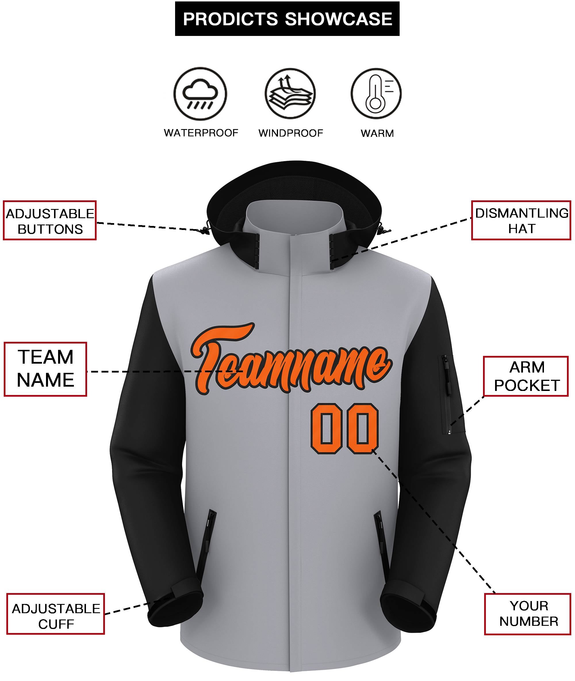 Veste imperméable à manches raglan personnalisée gris noir-orange