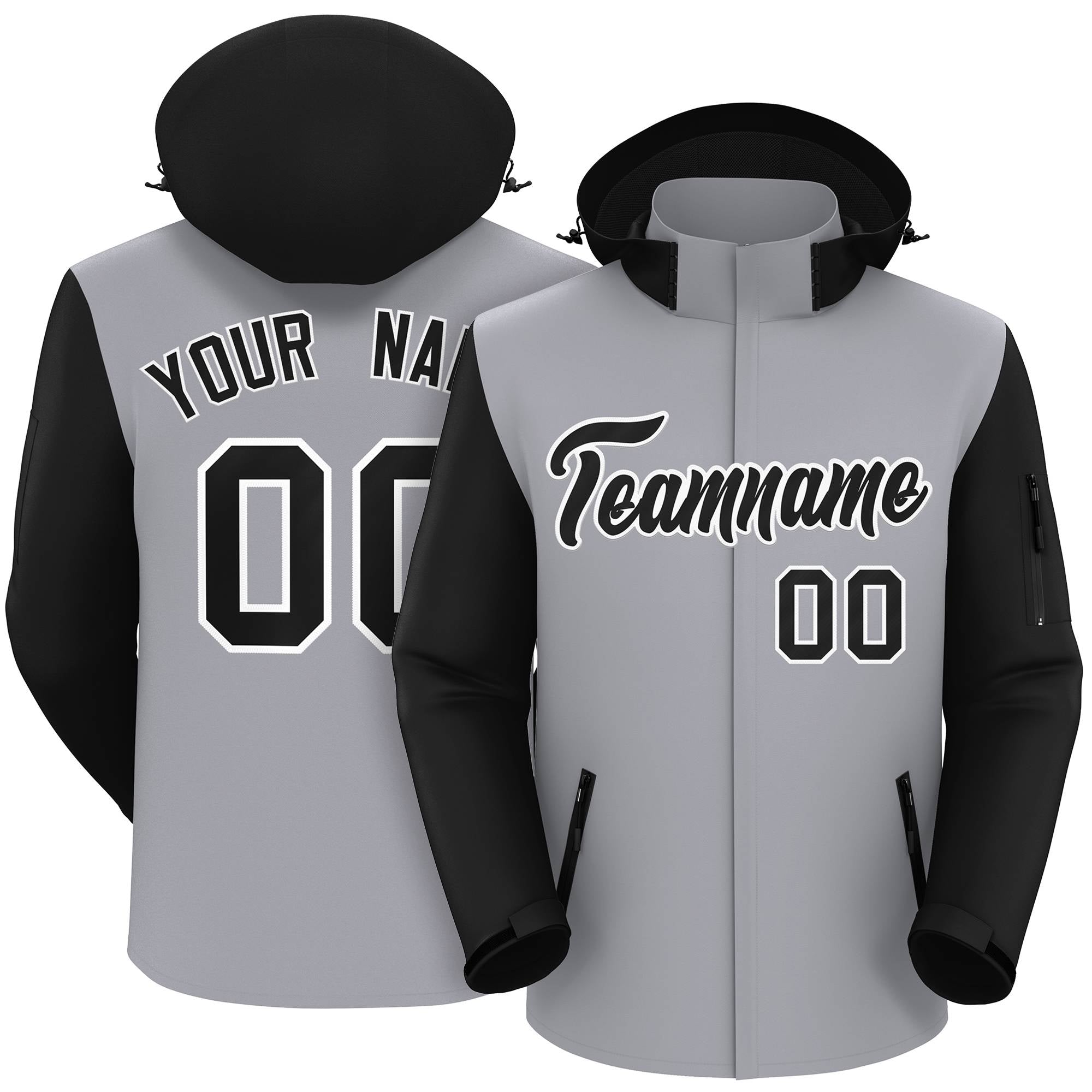 Custom Gray Black-White Raglan Sleeves Waterproof Jacket