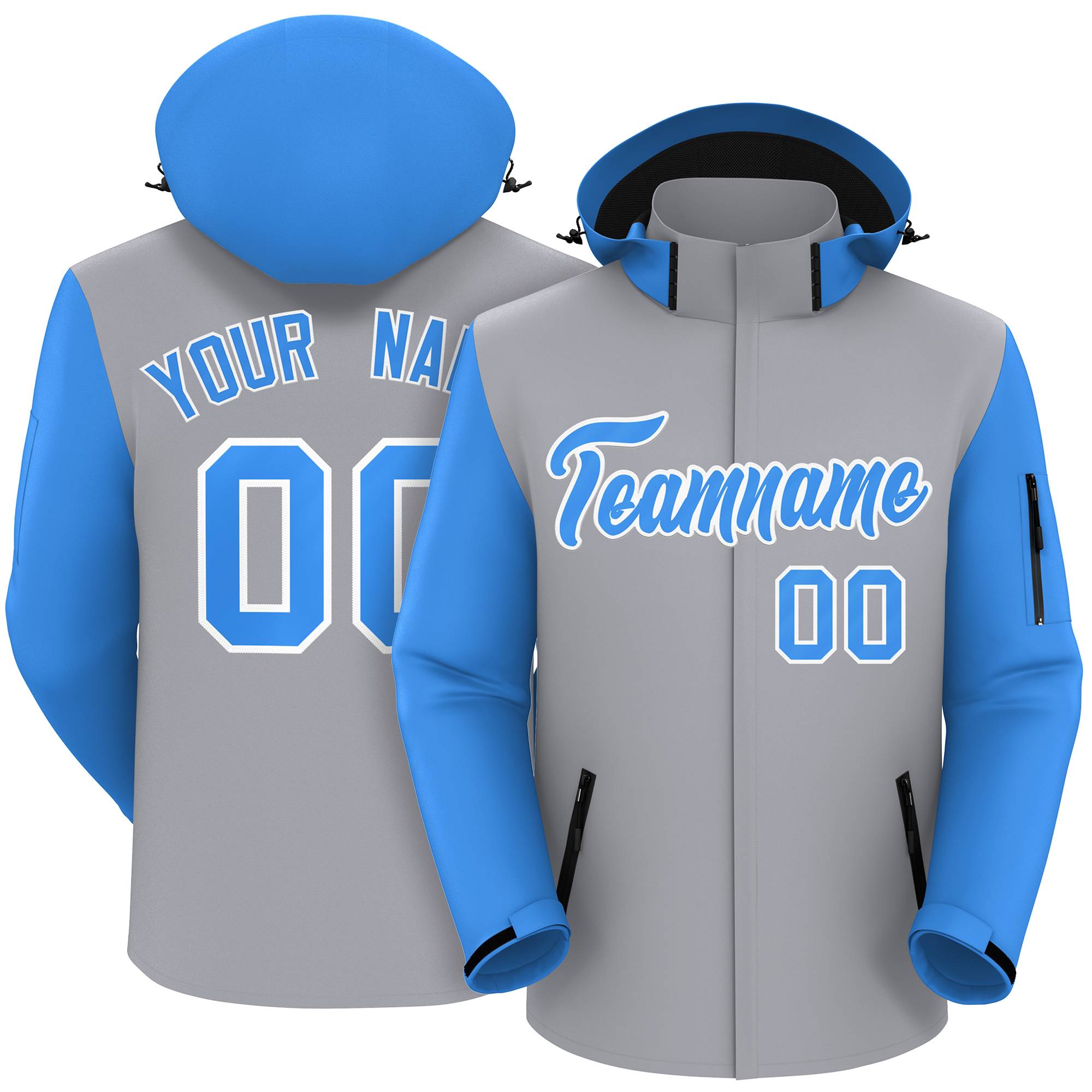 Custom Gray Powder Blue-White Raglan Sleeves Waterproof Jacket