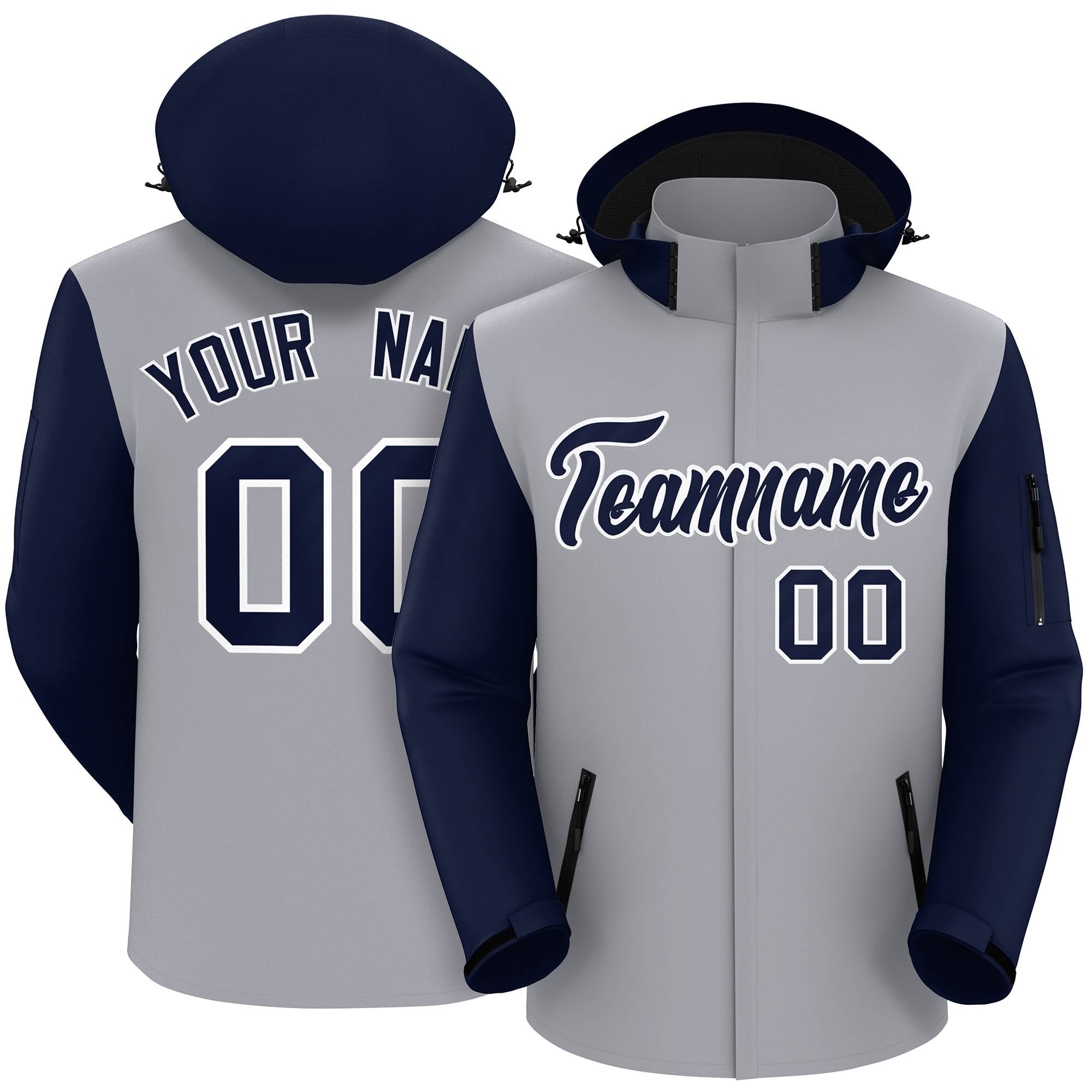 Custom Gray Navy-White Raglan Sleeves Waterproof Jacket