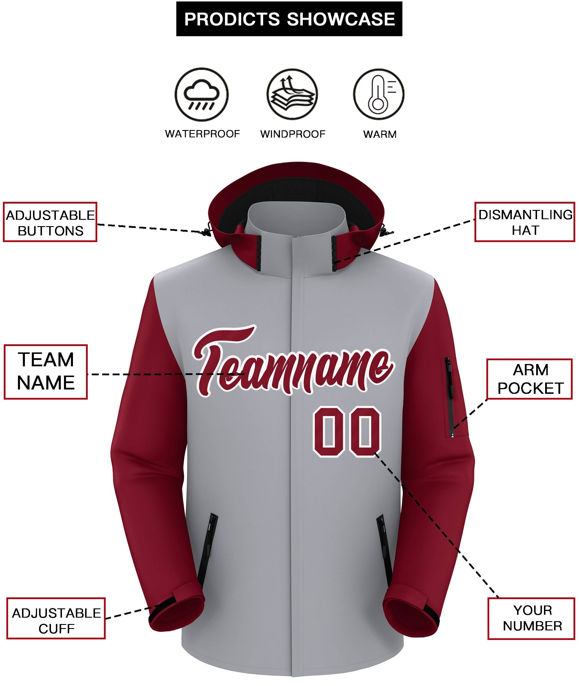 Custom Gray Crimson-White Raglan Sleeves Waterproof Jacket