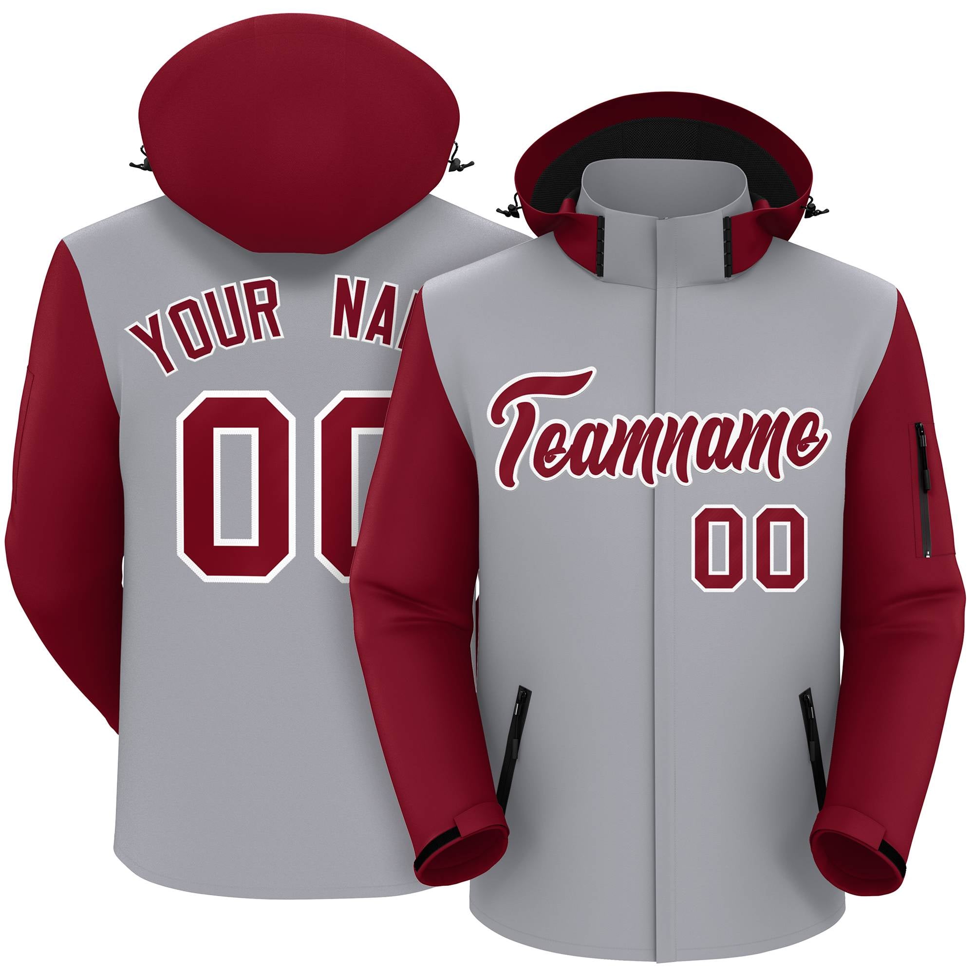 Custom Gray Crimson-White Raglan Sleeves Waterproof Jacket