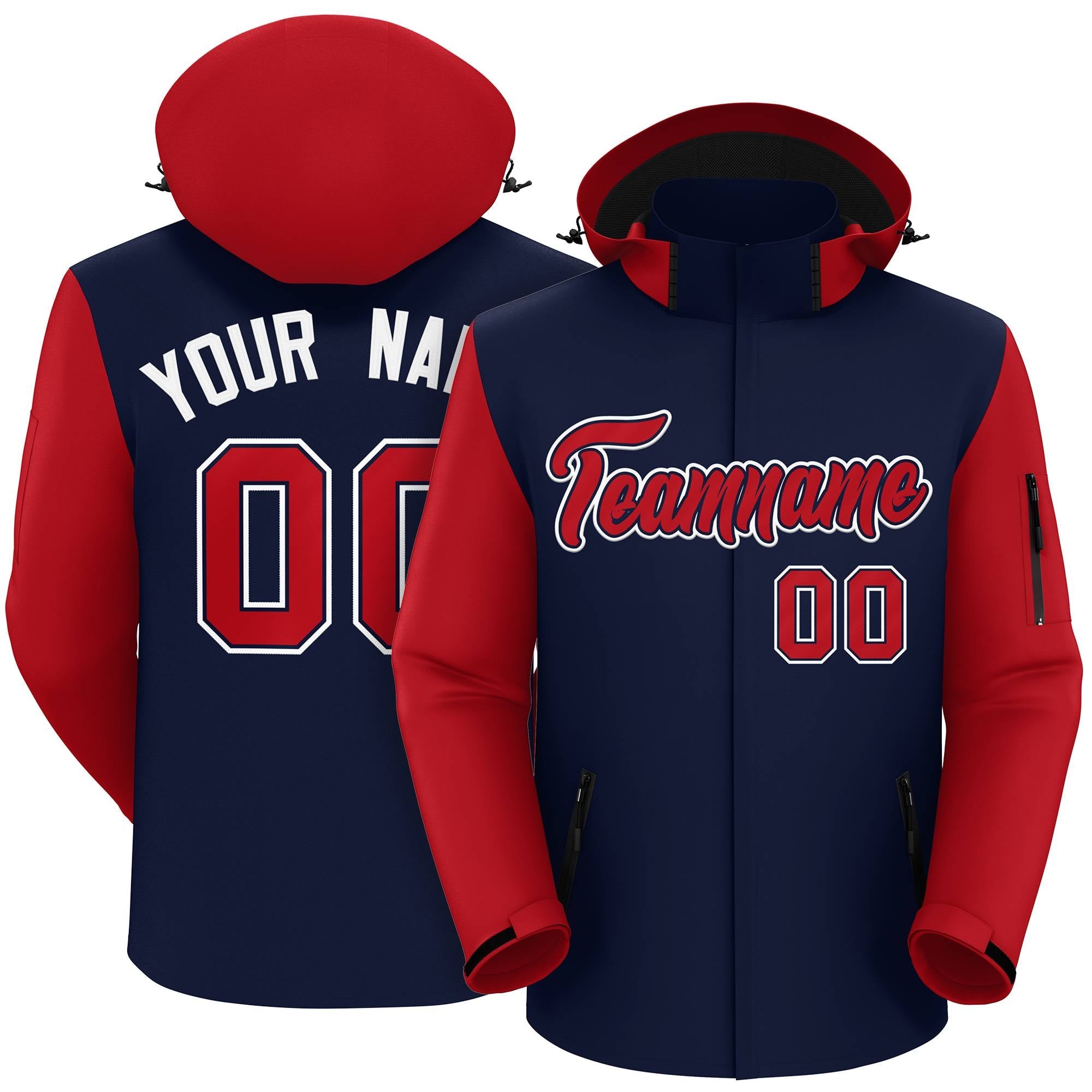 Custom Navy Red-White Raglan Sleeves Waterproof Jacket