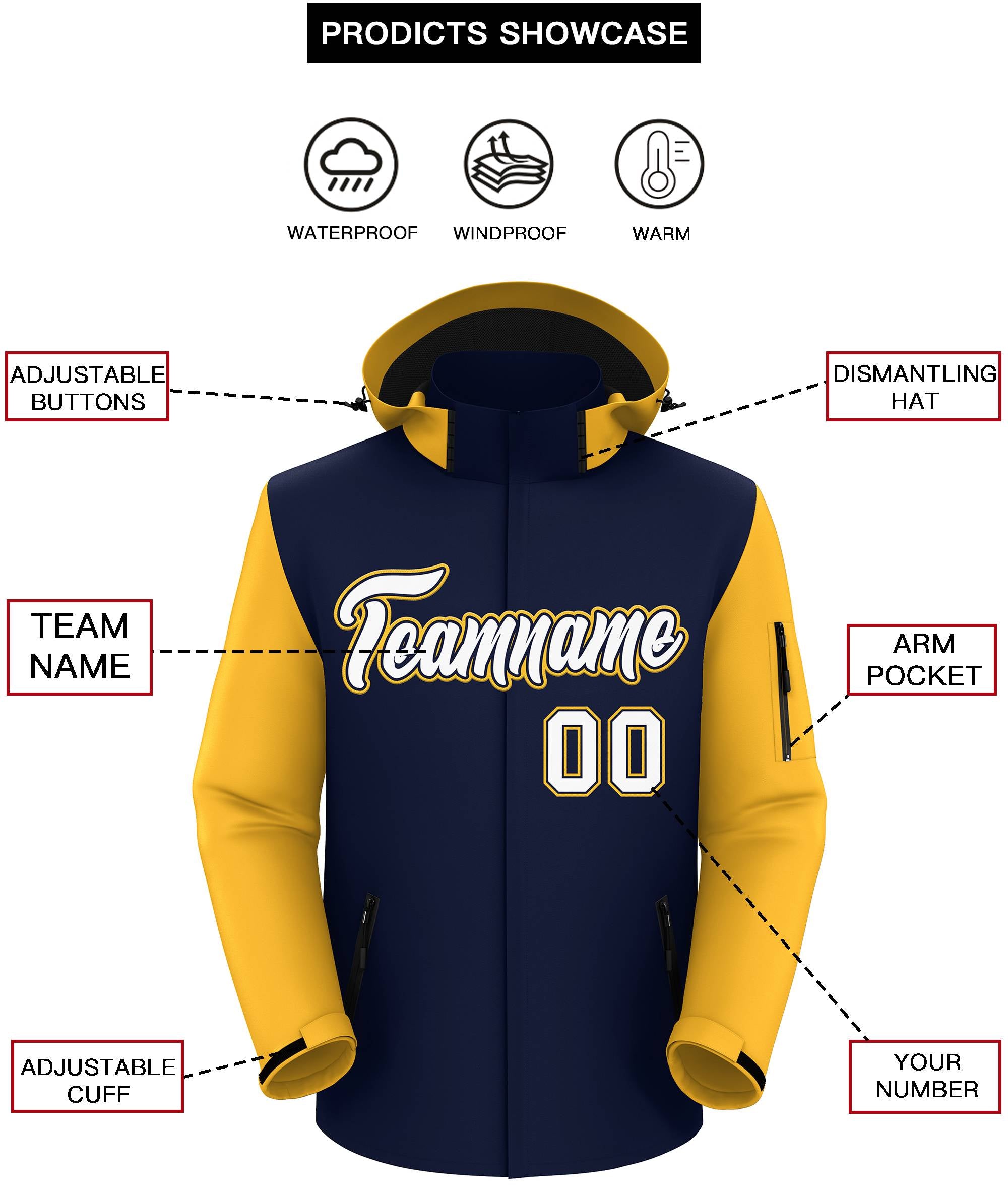 Custom Navy Gold-White Raglan Sleeves Waterproof Jacket