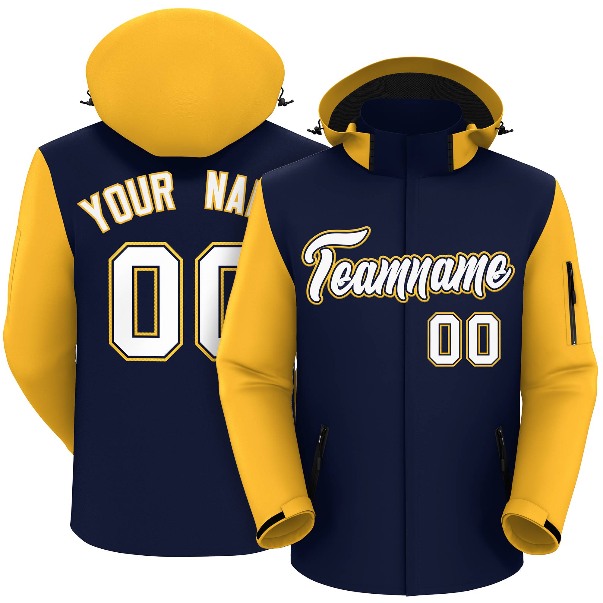 Custom Navy Gold-White Raglan Sleeves Waterproof Jacket