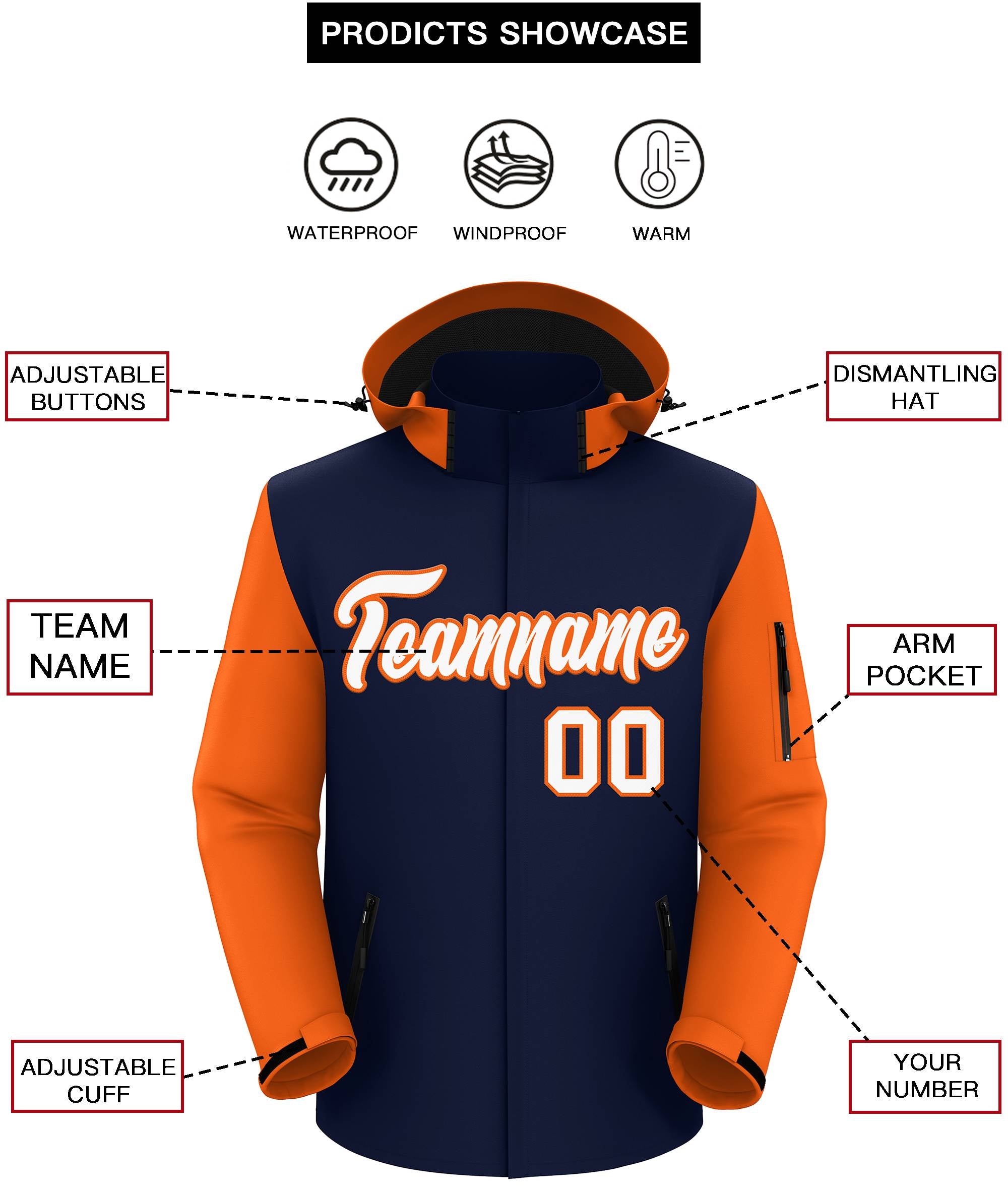 Veste imperméable personnalisée à manches raglan orange-blanc marine