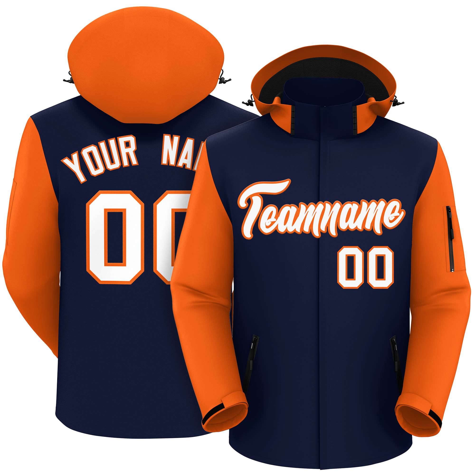 Custom Navy Orange-White Raglan Sleeves Waterproof Jacket