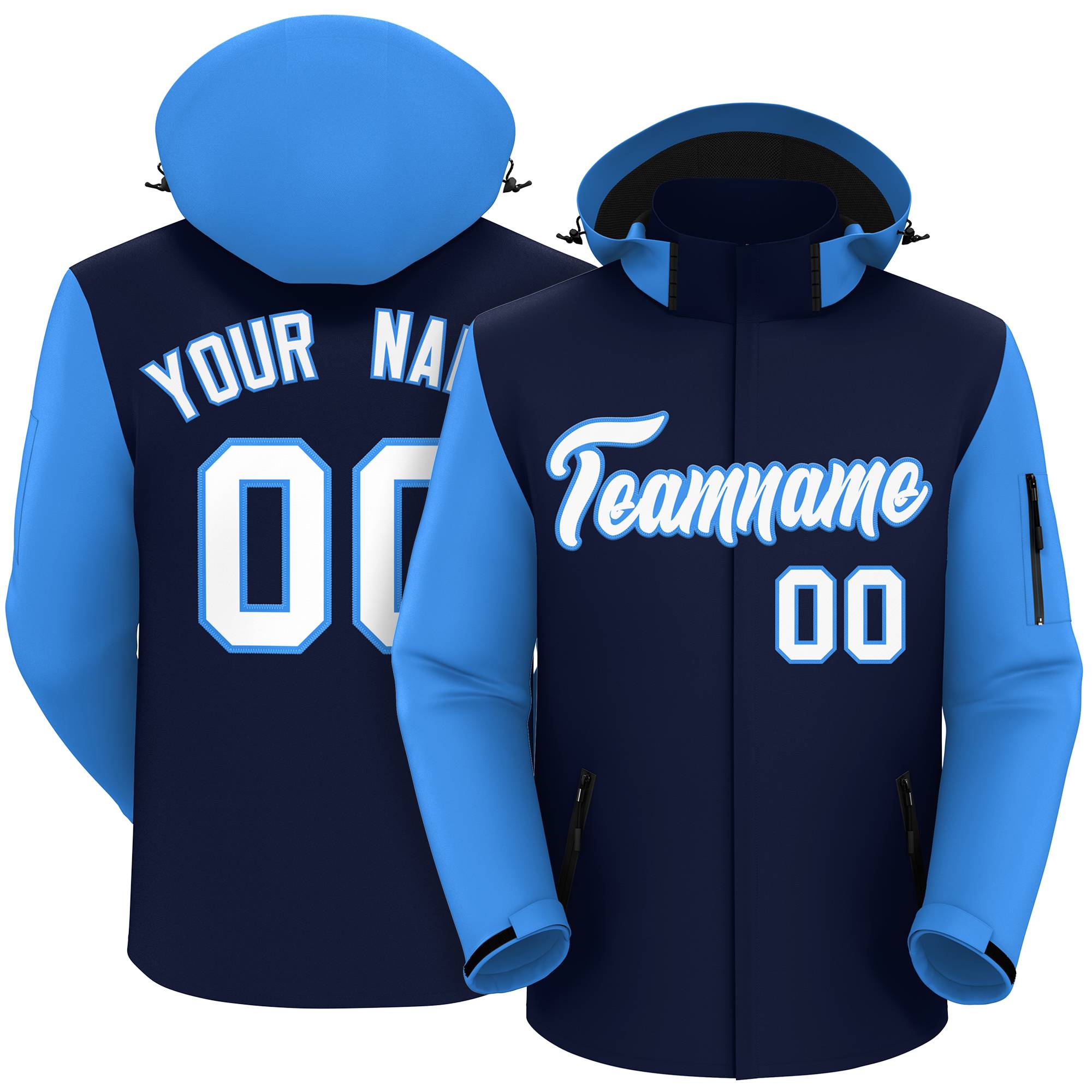 Custom Navy Powder Blue-White Raglan Sleeves Waterproof Jacket