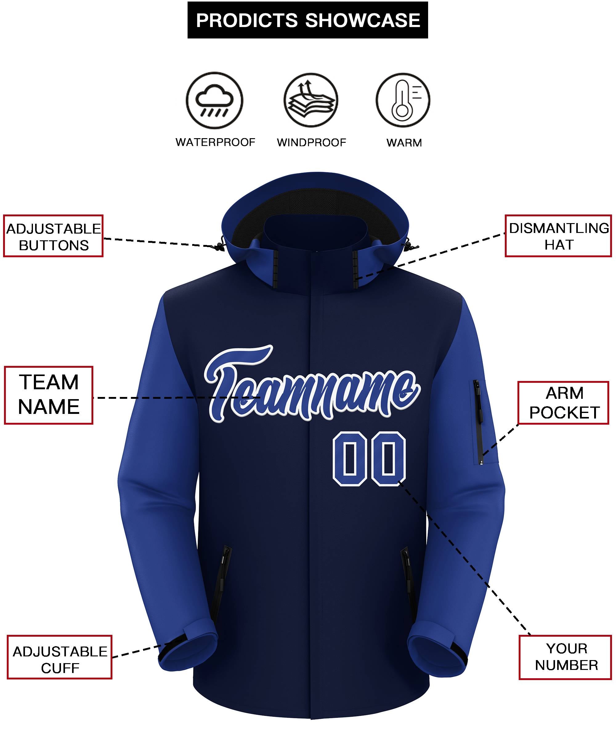 Custom Navy Royal-White Raglan Sleeves Waterproof Jacket