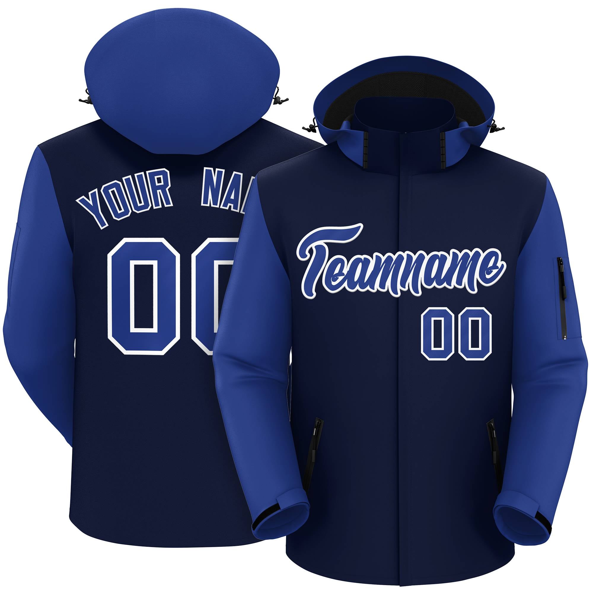 Custom Navy Royal-White Raglan Sleeves Waterproof Jacket