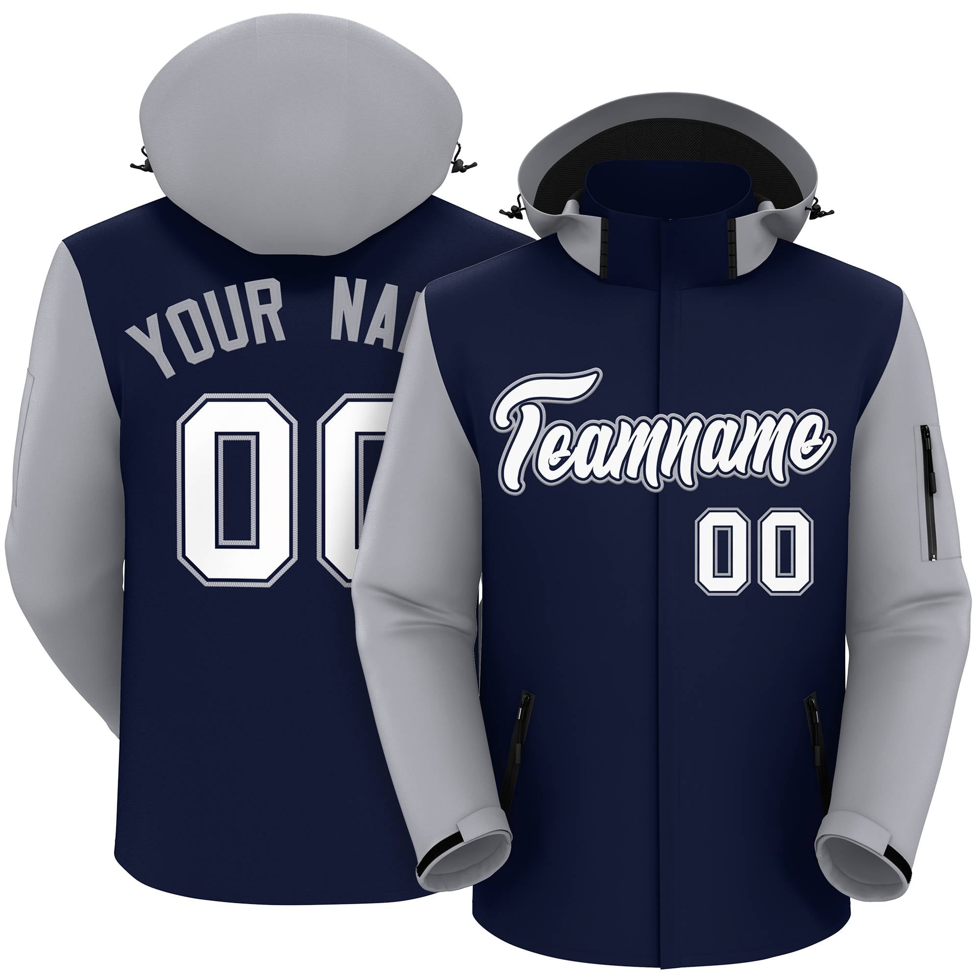 Custom Navy Gray-White Raglan Sleeves Waterproof Jacket