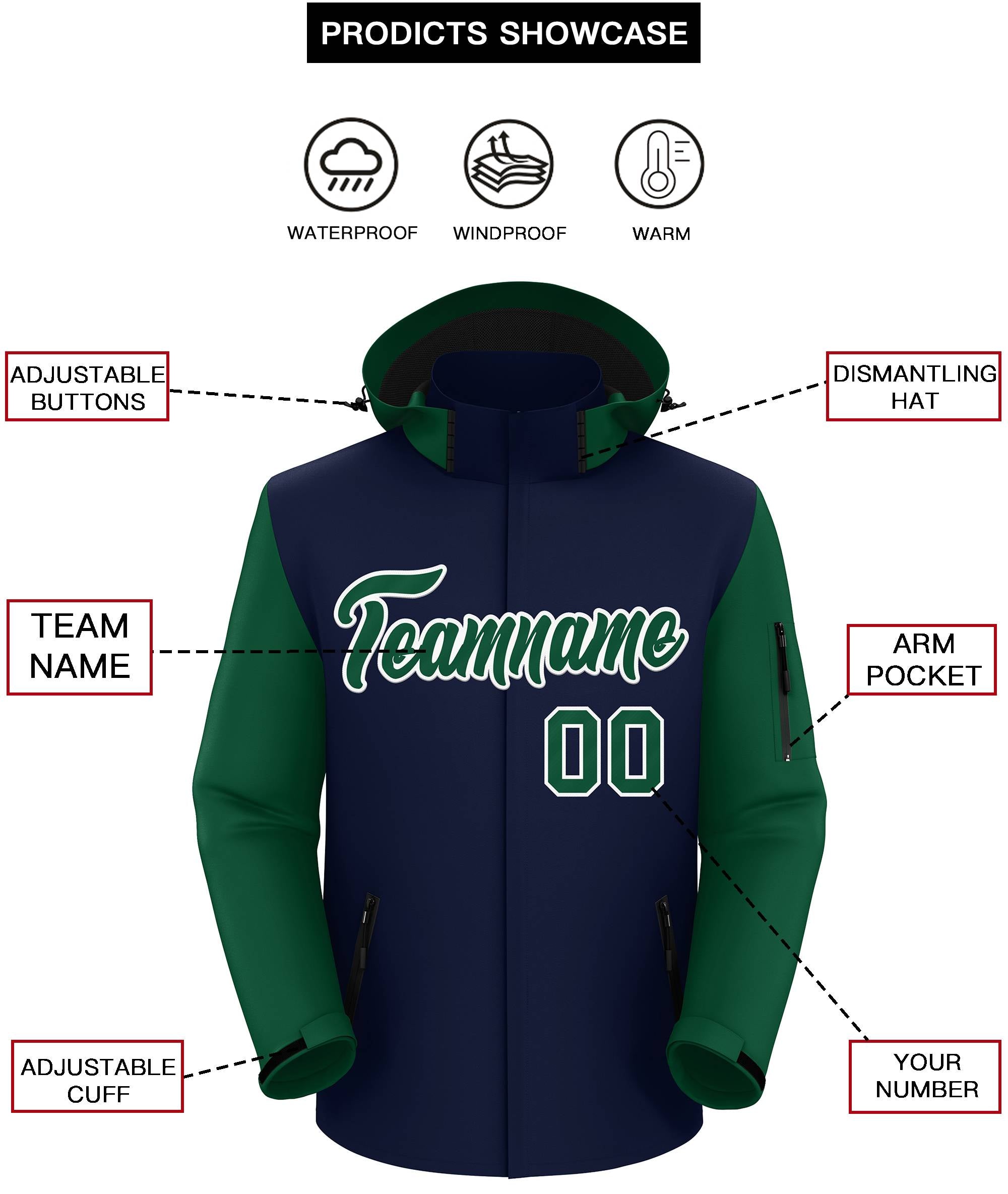 Custom Navy Green-White Raglan Sleeves Waterproof Jacket