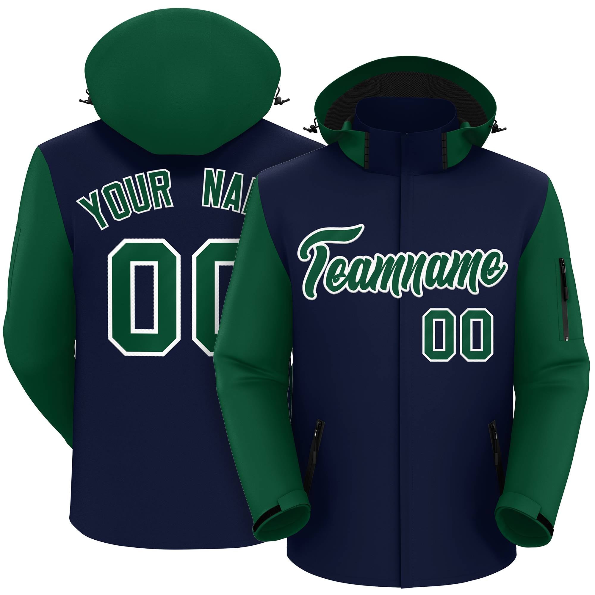 Custom Navy Green-White Raglan Sleeves Waterproof Jacket