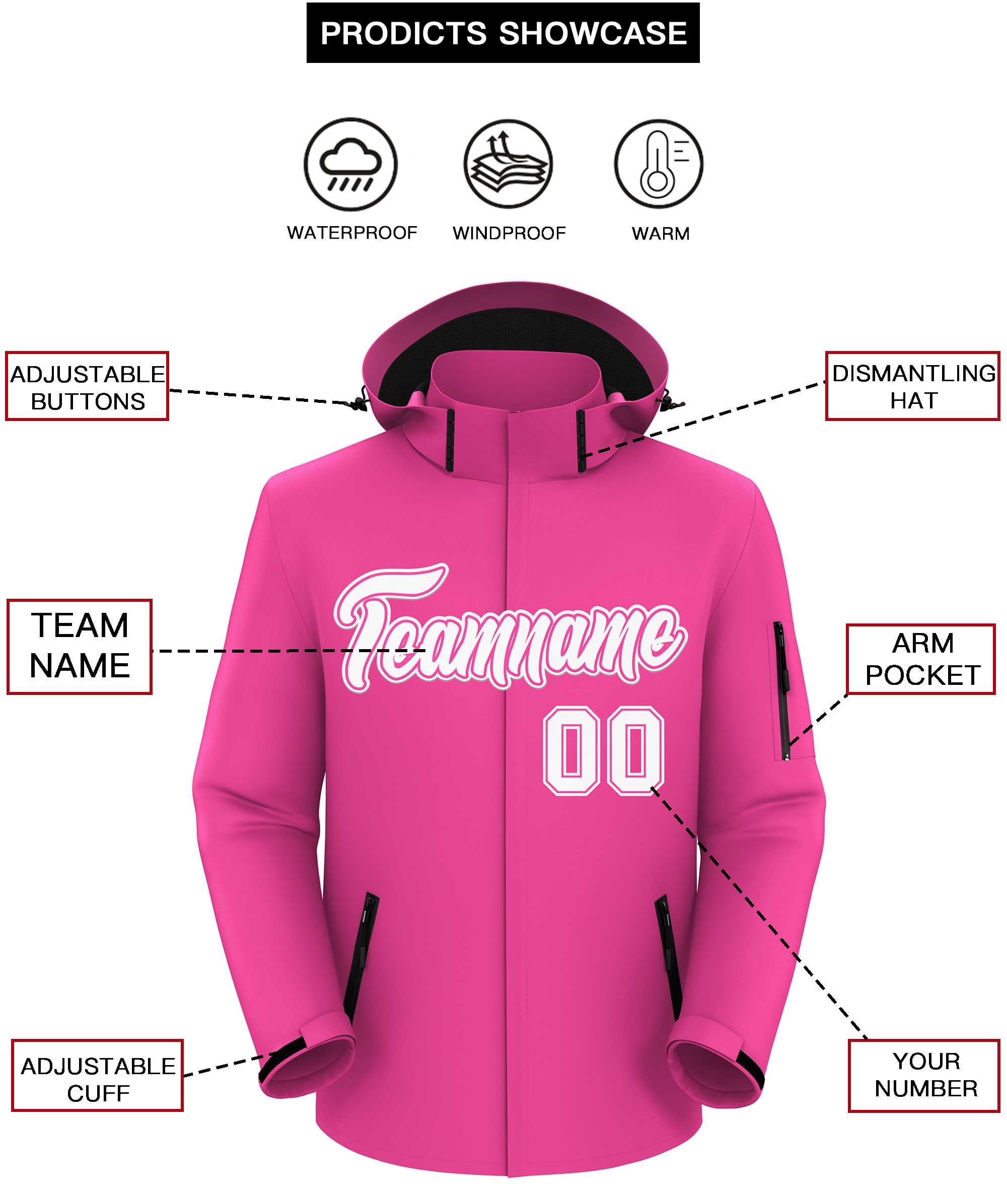 Custom Pink White-White Classic Style Waterproof Jacket