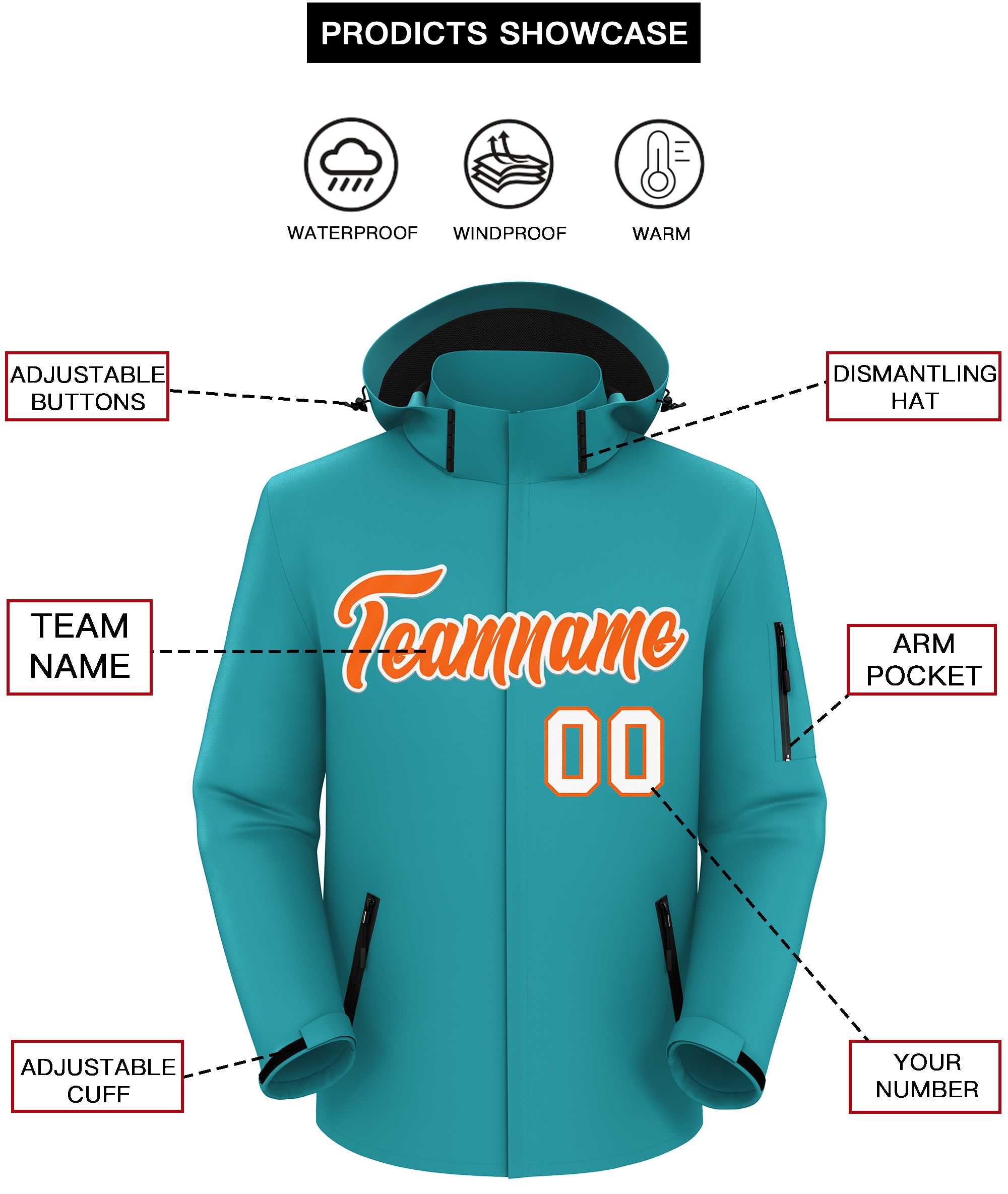 Custom Aqua Orange-White Classic Style Waterproof Jacket