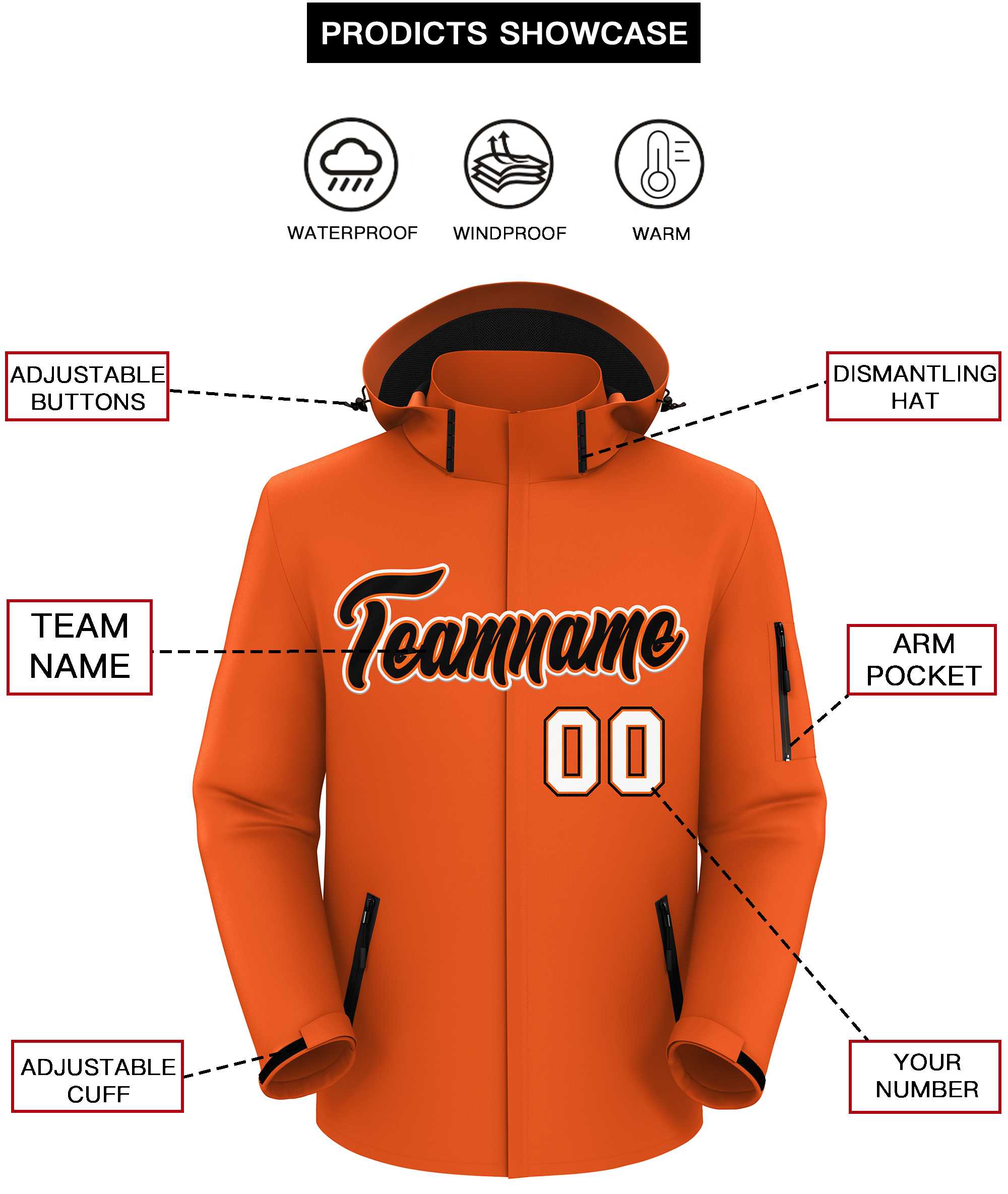 Custom Orange Black-White Classic Style Waterproof Jacket