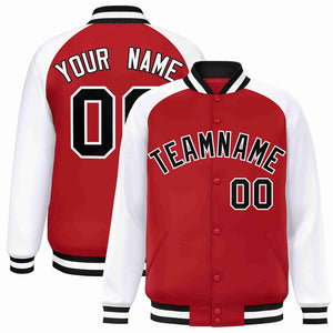 Veste Letterman Varsity Full-Snap à manches raglan rouge noir-blanc personnalisée