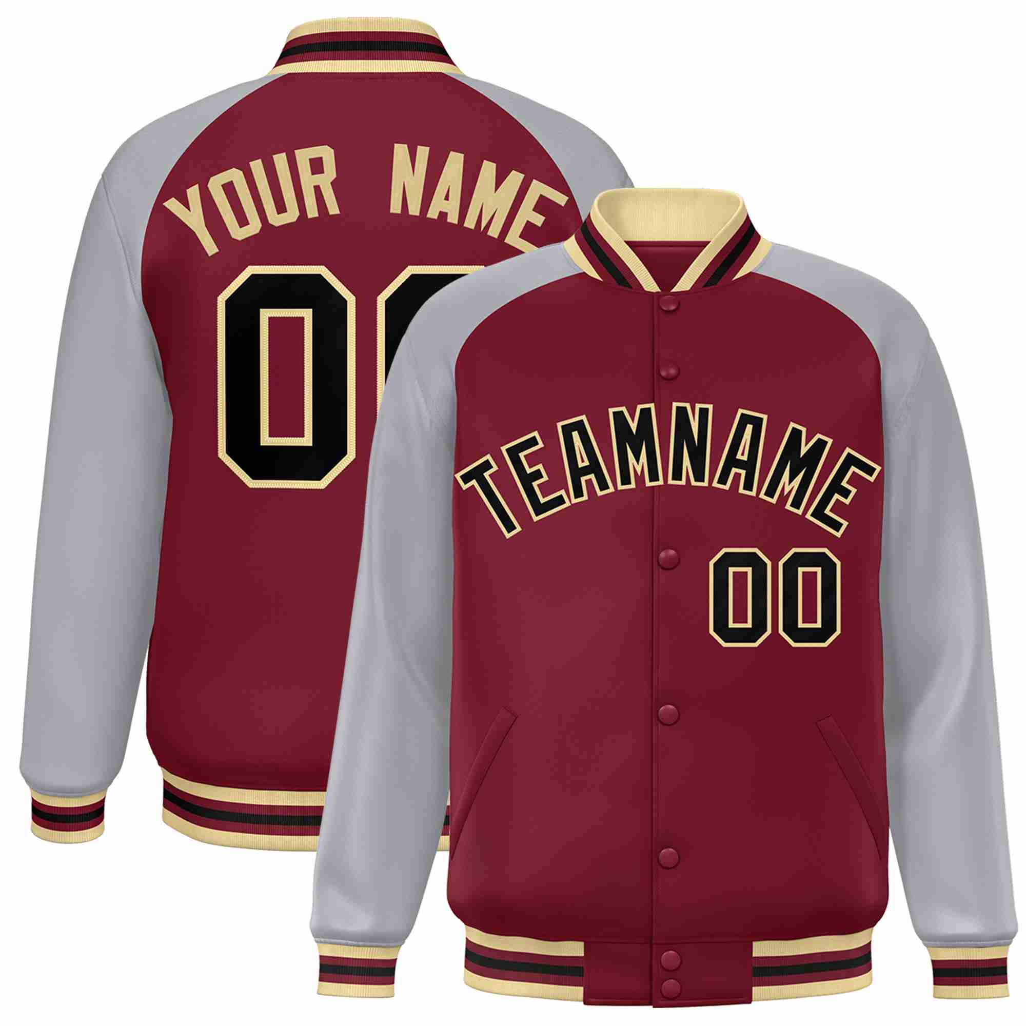 Veste Letterman Varsity Full-Snap Custom Crimson Noir-Kaki à manches raglan