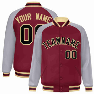 Custom Crimson Black-Khaki Raglan Sleeves Varsity Full-Snap Letterman Jacket