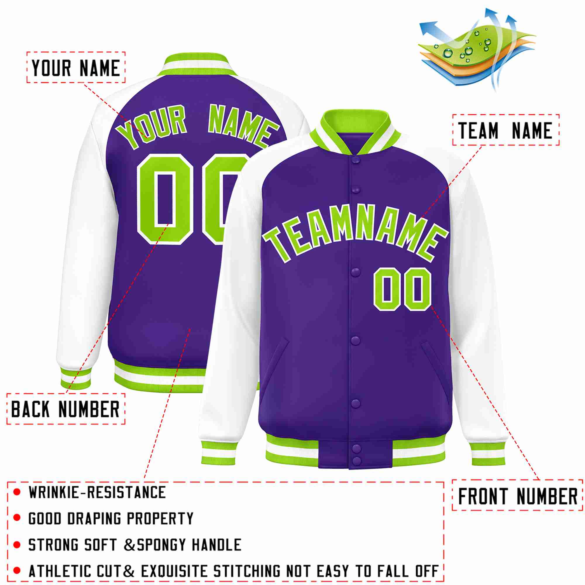 Custom Purple Neon Green-White Raglan Sleeves Varsity Full-Snap Letterman Jacket