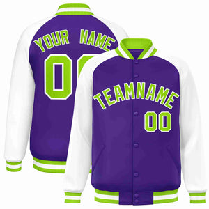 Veste Letterman universitaire à manches raglan violet fluo vert-blanc personnalisée