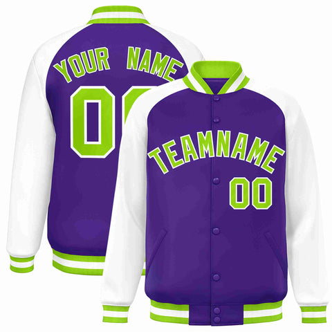 Custom Purple Neon Green-White Raglan Sleeves Varsity Full-Snap Letterman Jacket