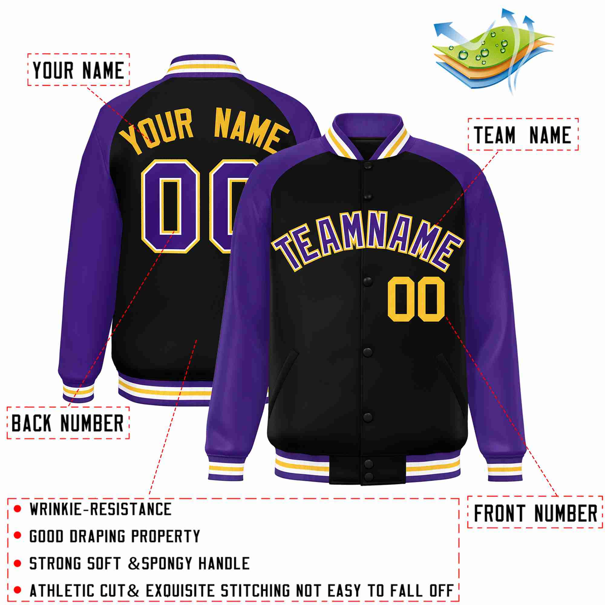 Custom Black Purple-White Raglan Sleeves Varsity Full-Snap Letterman Jacket