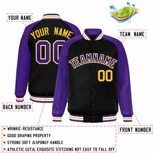 Veste Letterman Varsity Full-Snap à manches raglan personnalisées noir violet-blanc