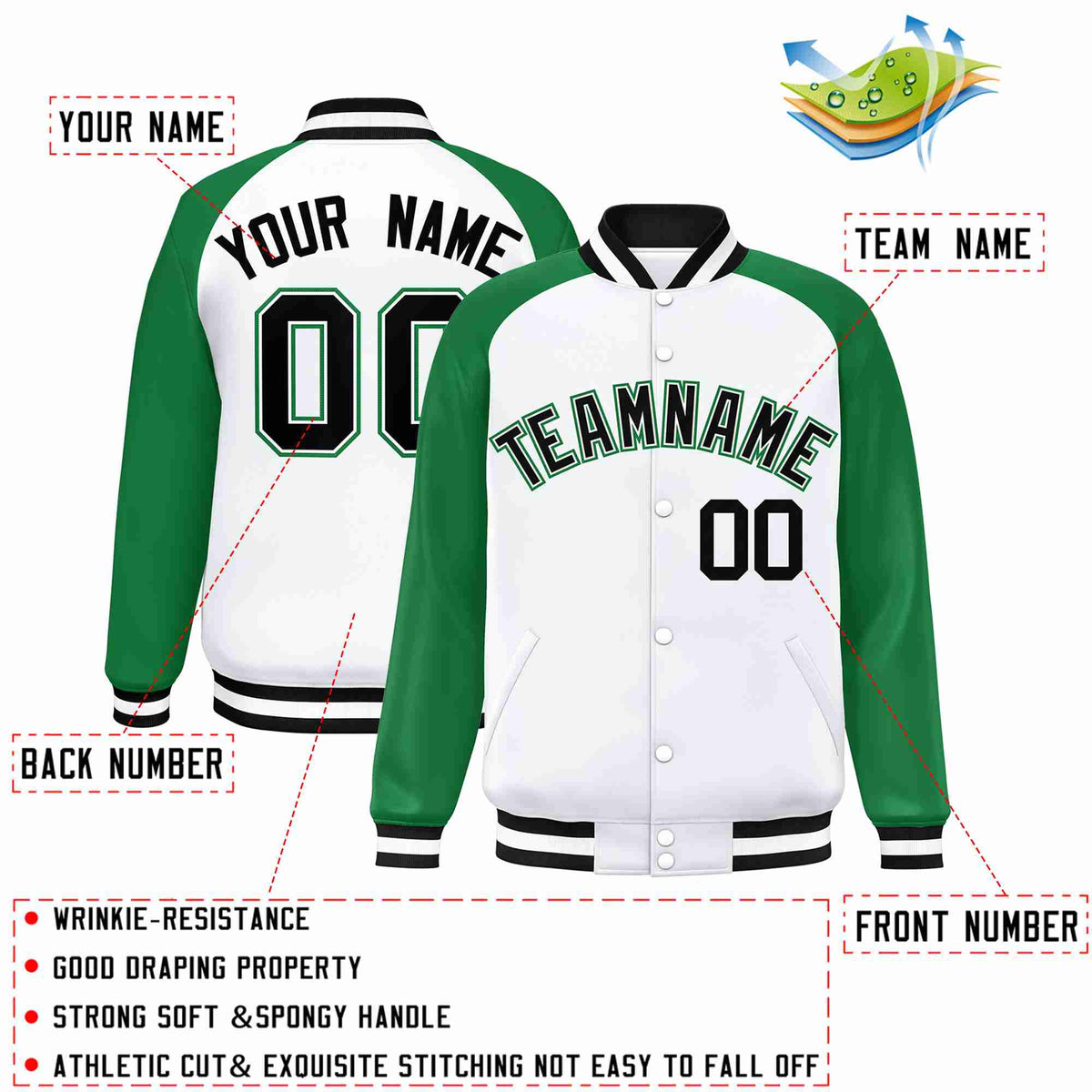 Custom White Black White Raglan Sleeves Varsity Full Snap Letterman Ja