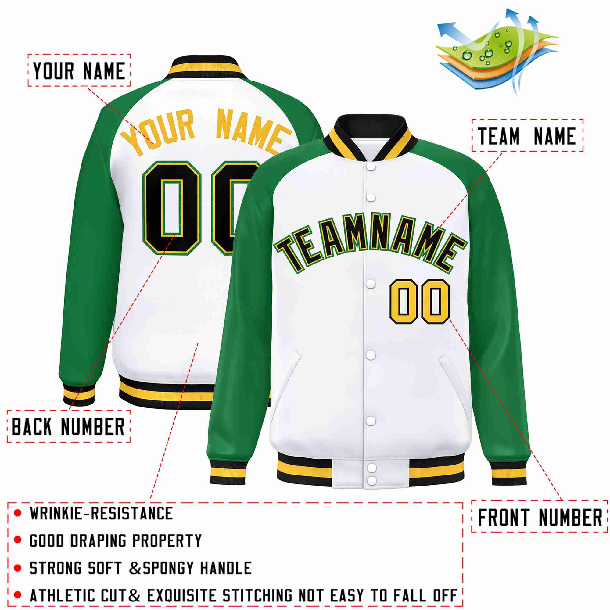 Custom White Black-Gold Raglan Sleeves Varsity Full-Snap Letterman Jacket