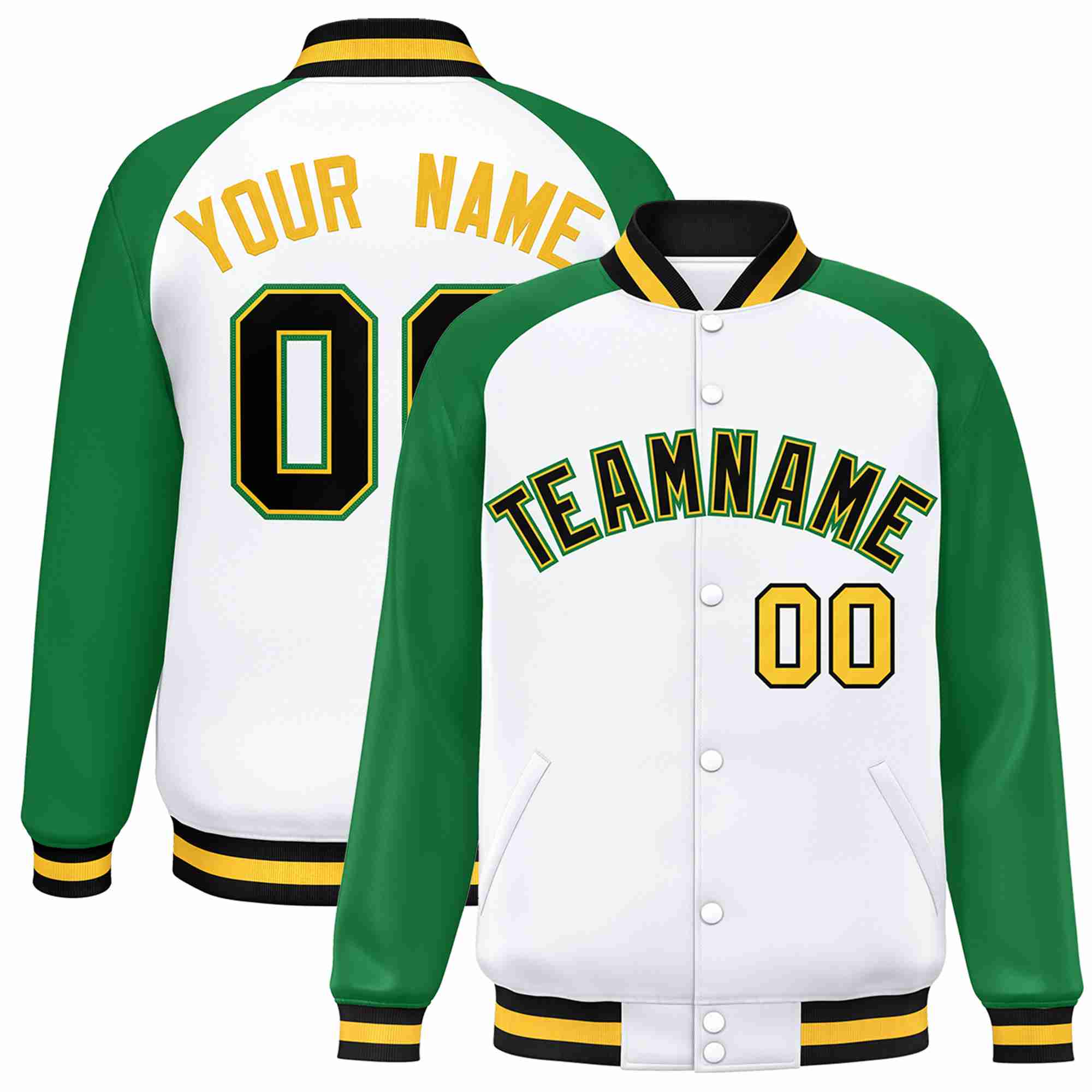 Custom White Black-Gold Raglan Sleeves Varsity Full-Snap Letterman Jacket