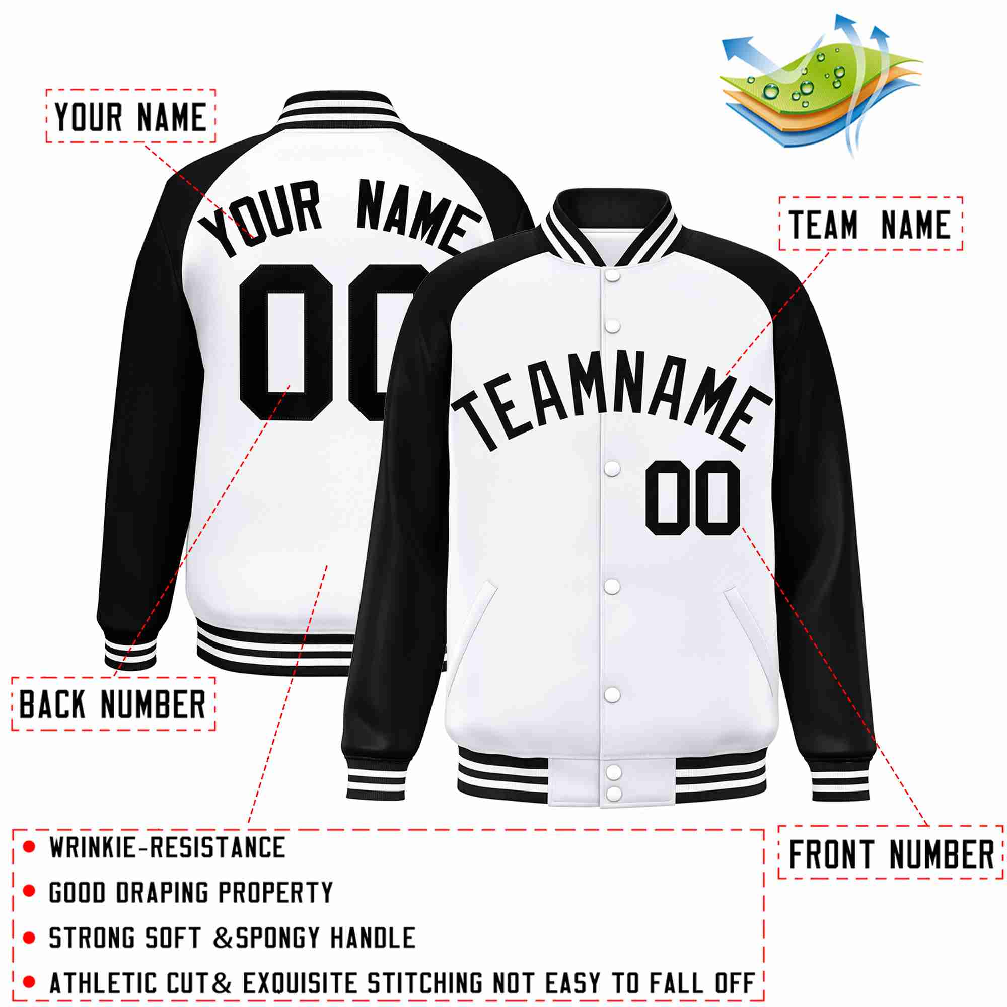 Veste Letterman Varsity Full-Snap à manches raglan blanches et noires personnalisées