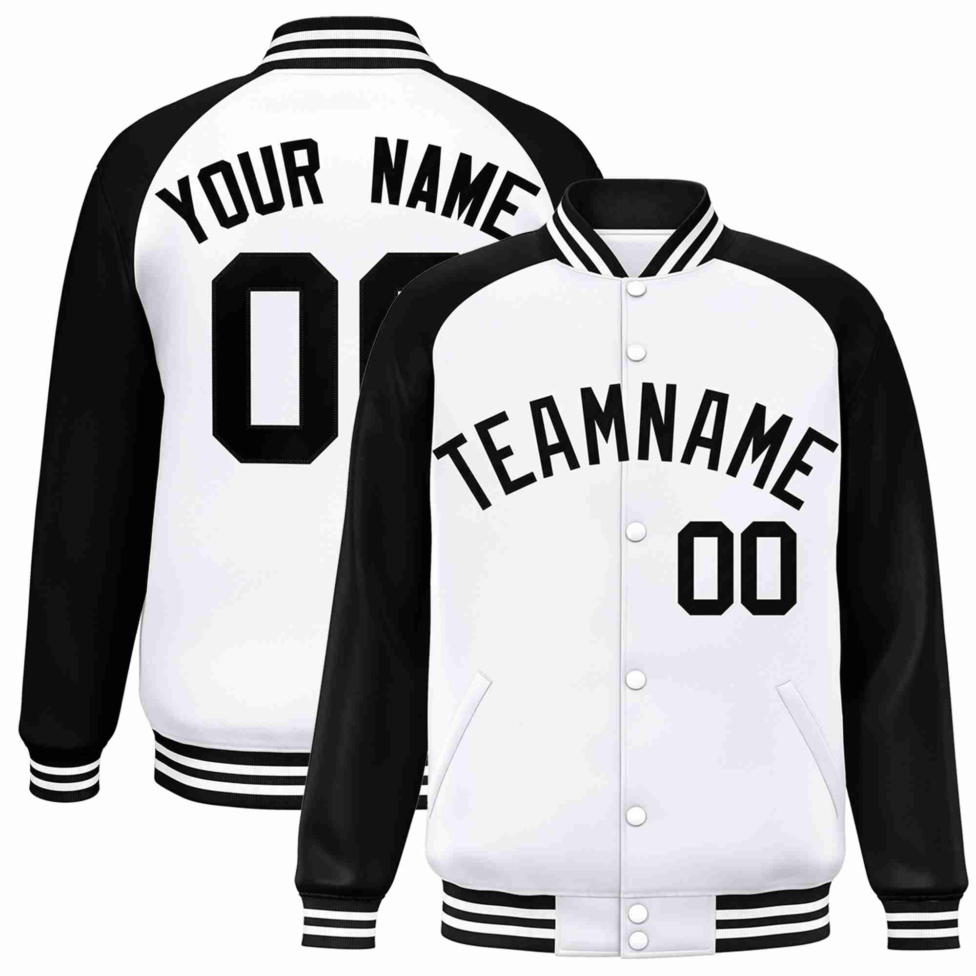 Veste Letterman Varsity Full-Snap à manches raglan blanches et noires personnalisées