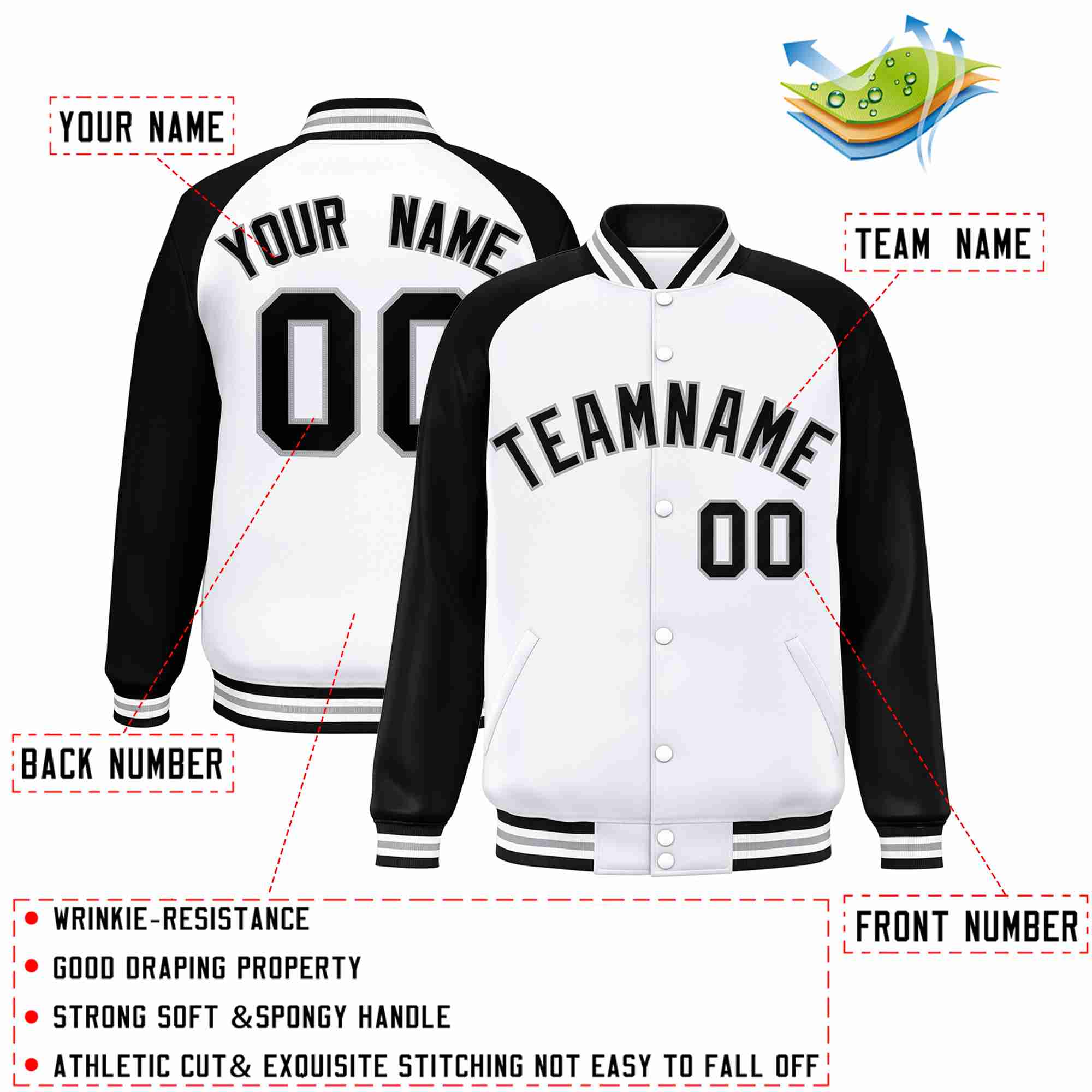 Veste Letterman Varsity Full-Snap personnalisée à manches raglan blanc noir-gris