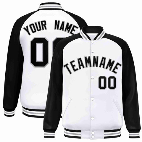Custom White Black-Gray Raglan Sleeves Varsity Full-Snap Letterman Jacket