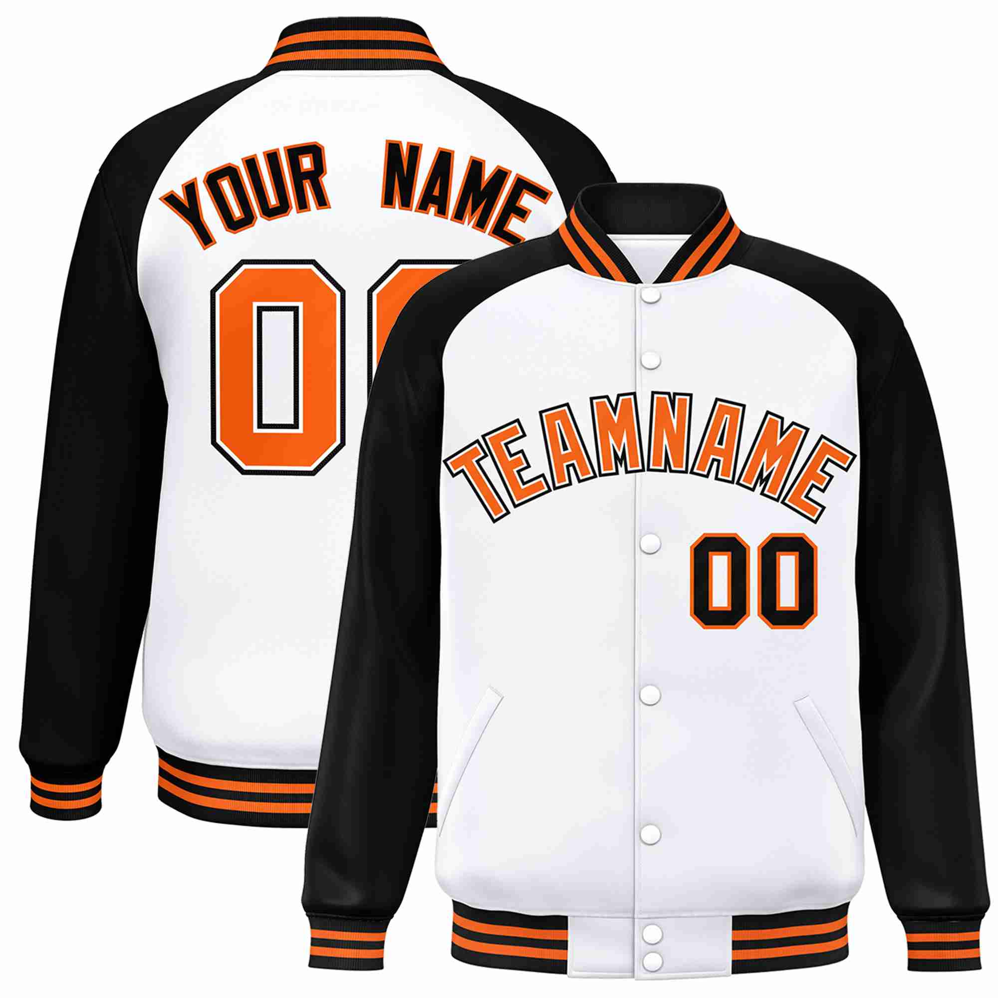 Veste Letterman Varsity Full-Snap à manches raglan blanc-orange-blanc personnalisée