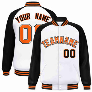 Custom White Orange-White Raglan Sleeves Varsity Full-Snap Letterman Jacket