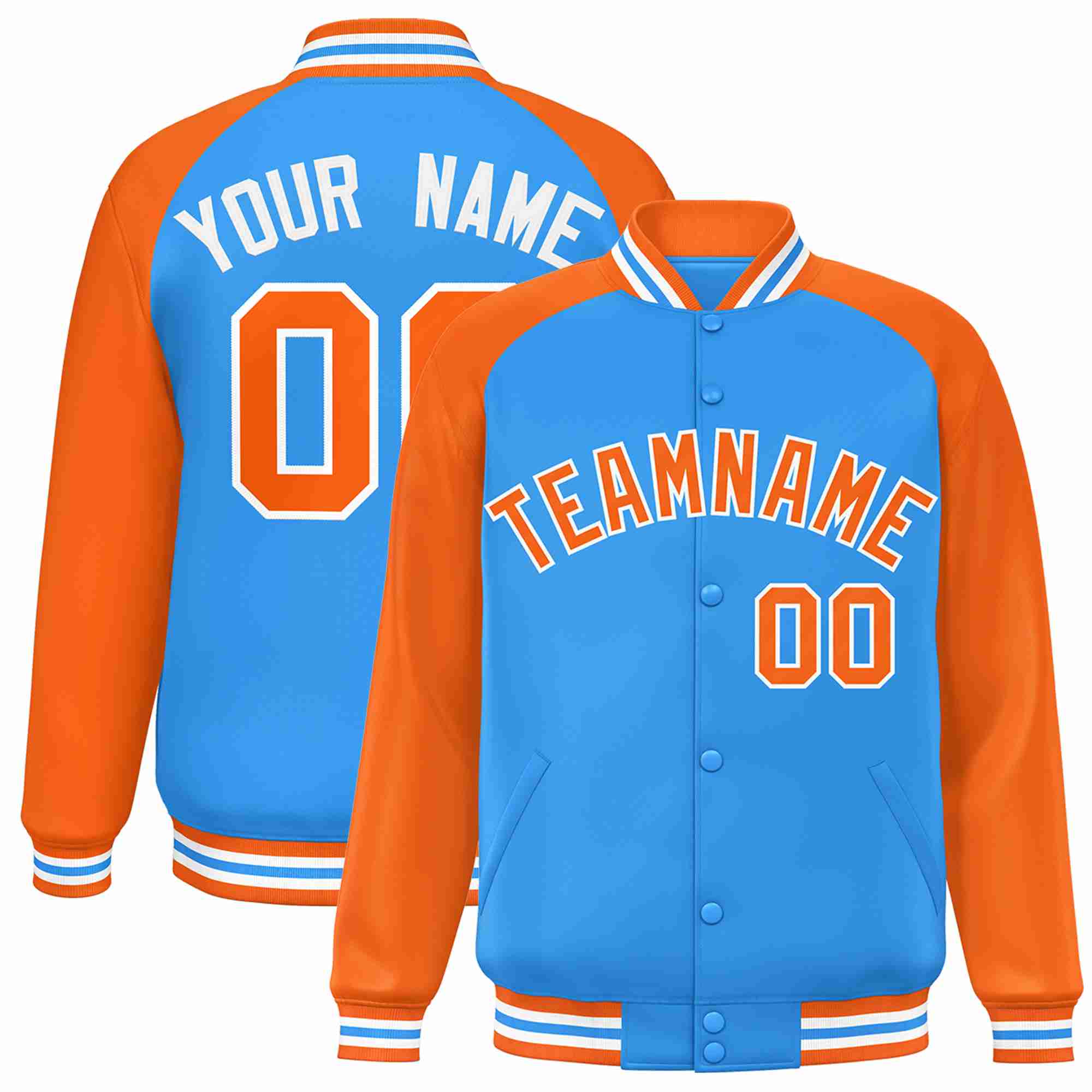 Veste Letterman Varsity Full-Snap à manches raglan bleu poudre personnalisée orange-blanc