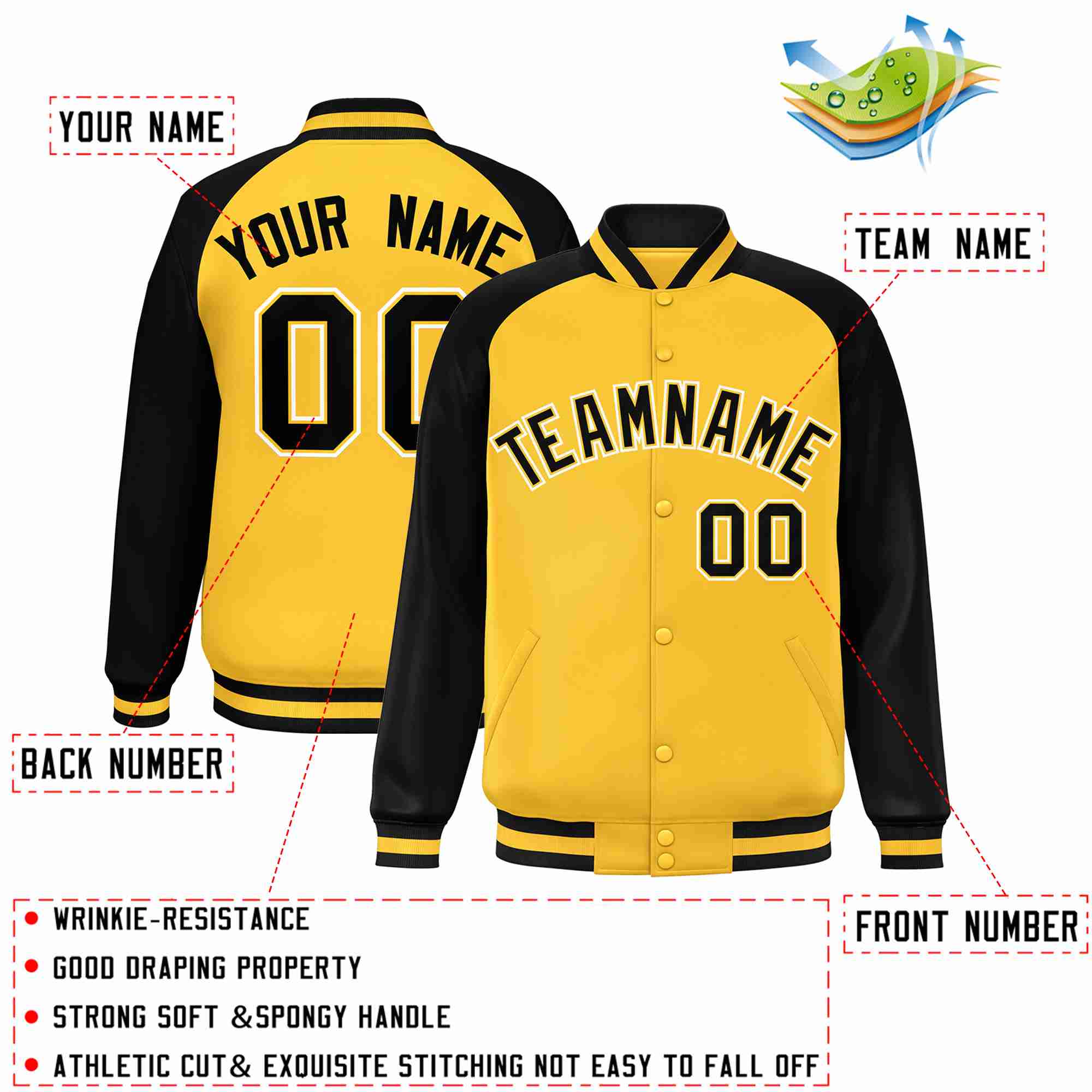 Custom Gold Black-Gold Raglan Sleeves Varsity Full-Snap Letterman Jacket