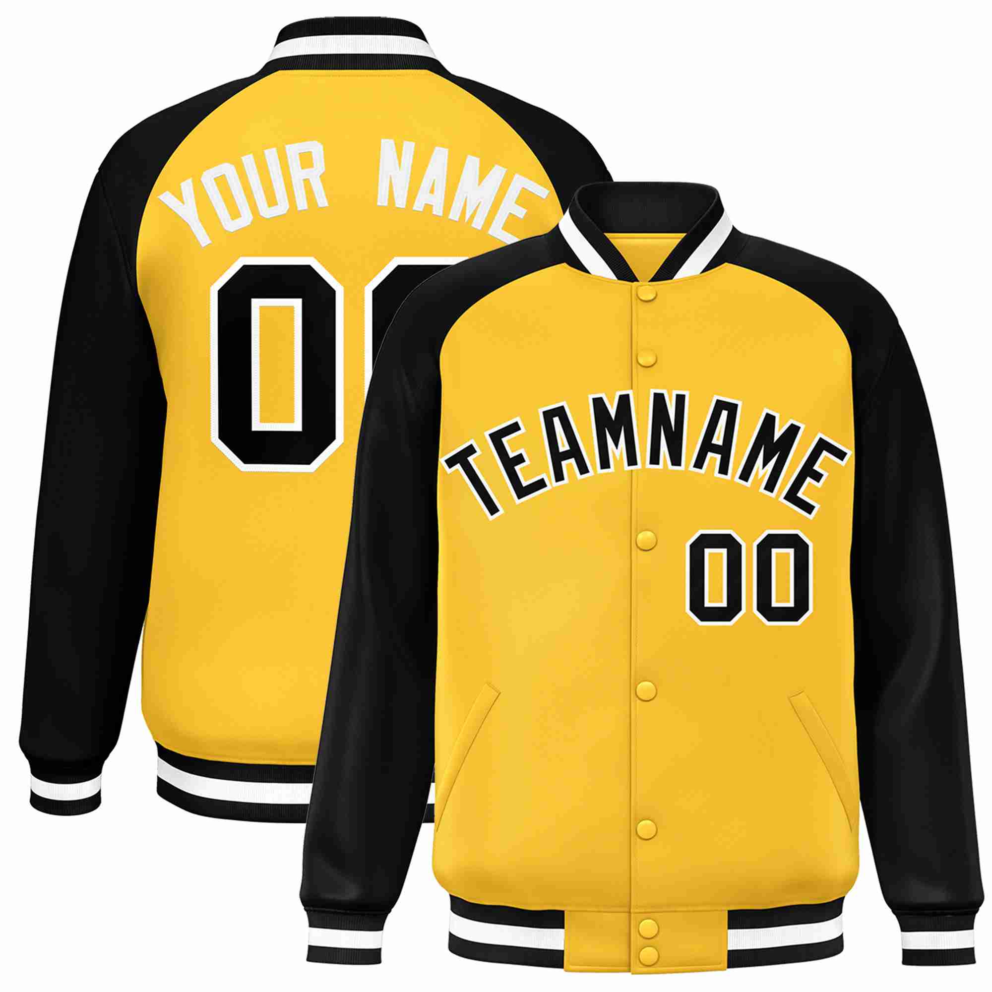 Custom Gold Black-White Raglan Sleeves Varsity Full-Snap Letterman Jacket