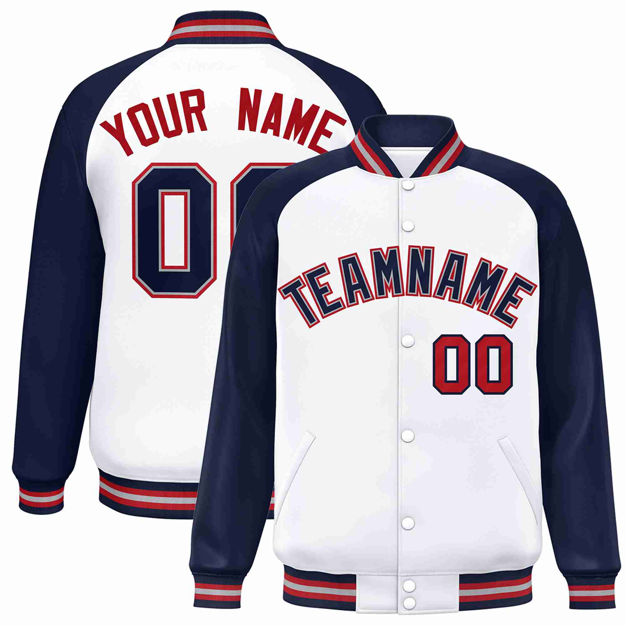 Veste Letterman Varsity Full-Snap personnalisée à manches raglan blanc-gris marine