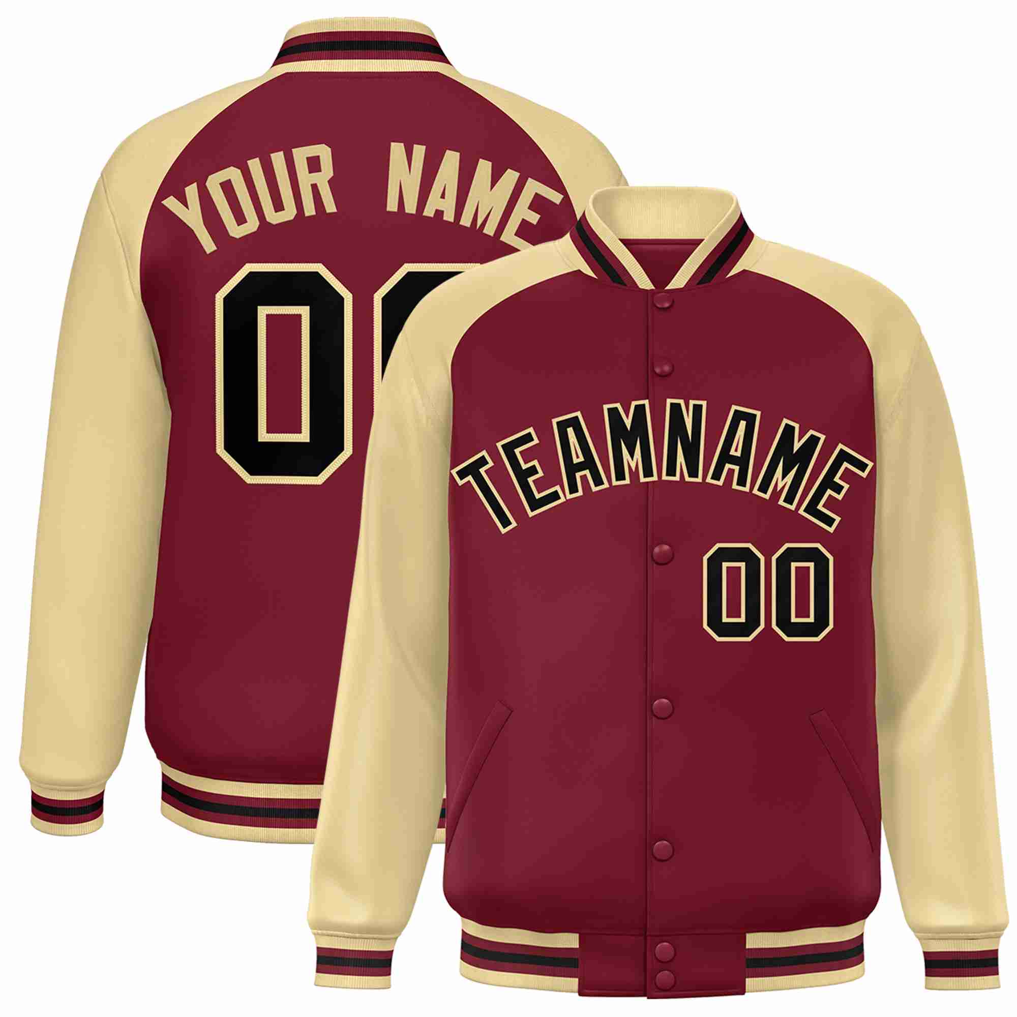 Custom Crimson Black-Khaki Raglan Sleeves Varsity Full-Snap Letterman Jacket