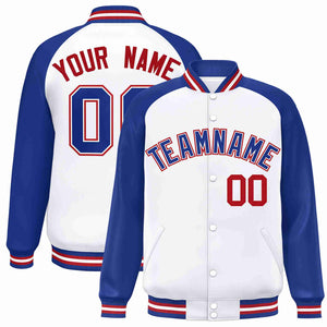 Custom White Royal-White Raglan Sleeves Varsity Full-Snap Letterman Jacket