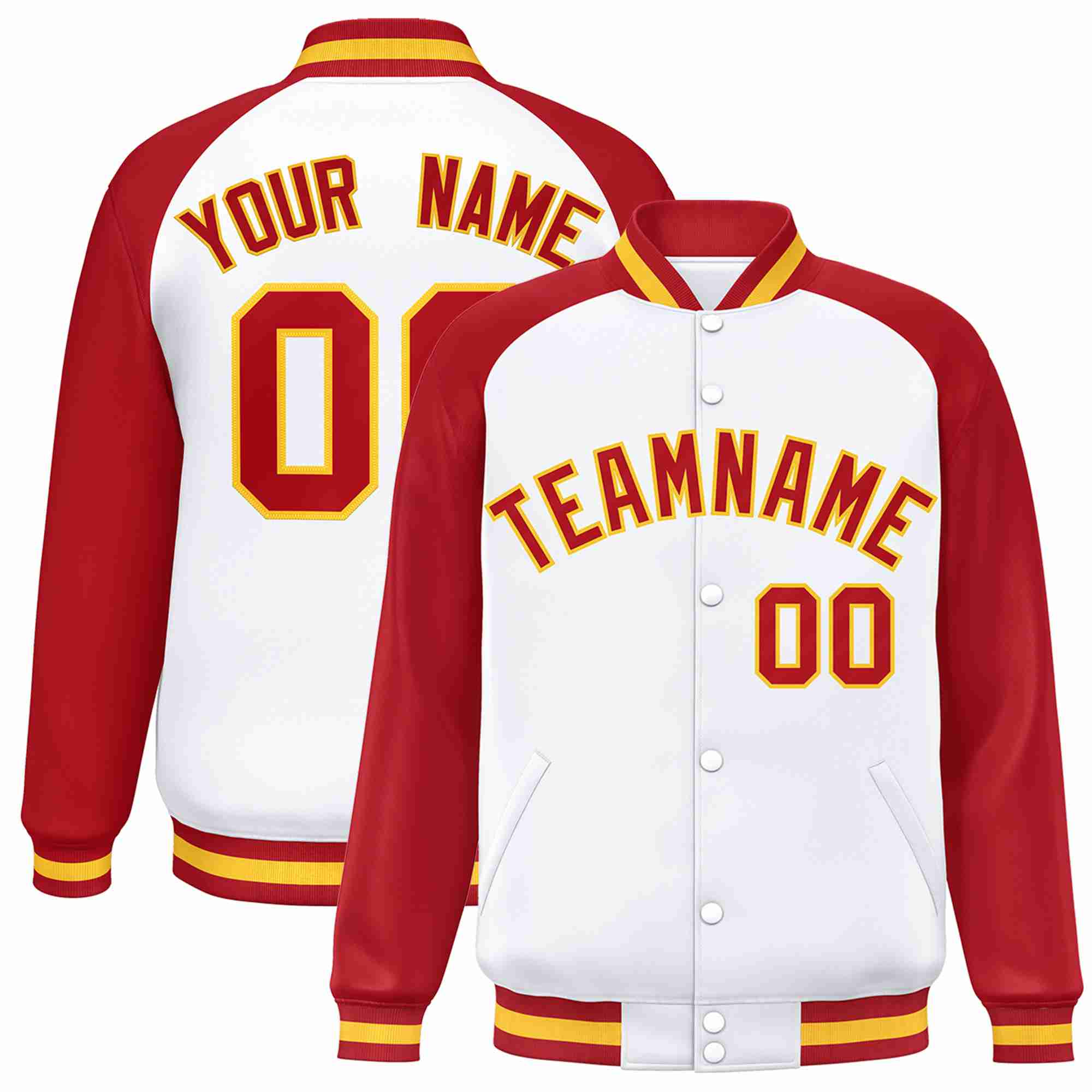 Veste Letterman Varsity Full-Snap à manches raglan personnalisées blanc rouge-or