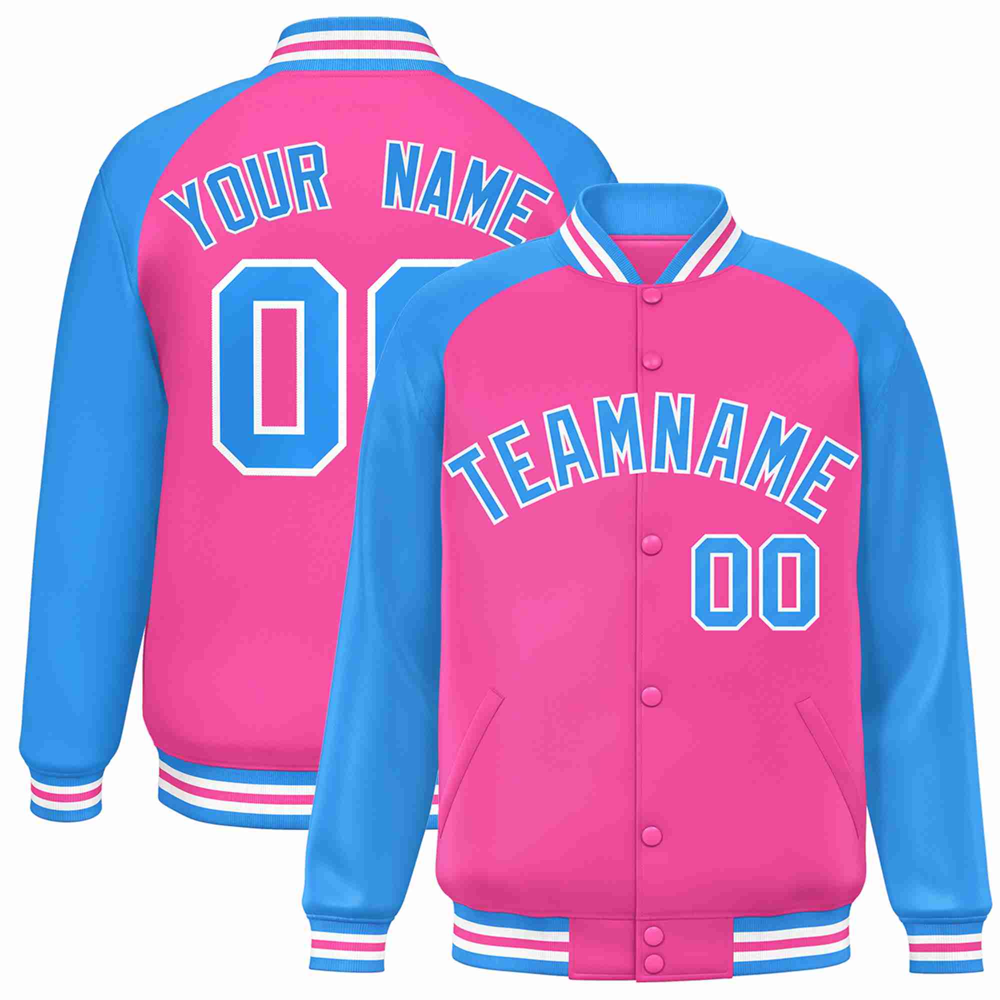 Veste Letterman Varsity Full-Snap à manches raglan rose poudre bleu-blanc personnalisée