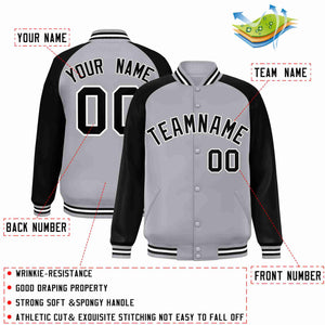 Custom Gray Black-White Raglan Sleeves Varsity Full-Snap Letterman Jacket