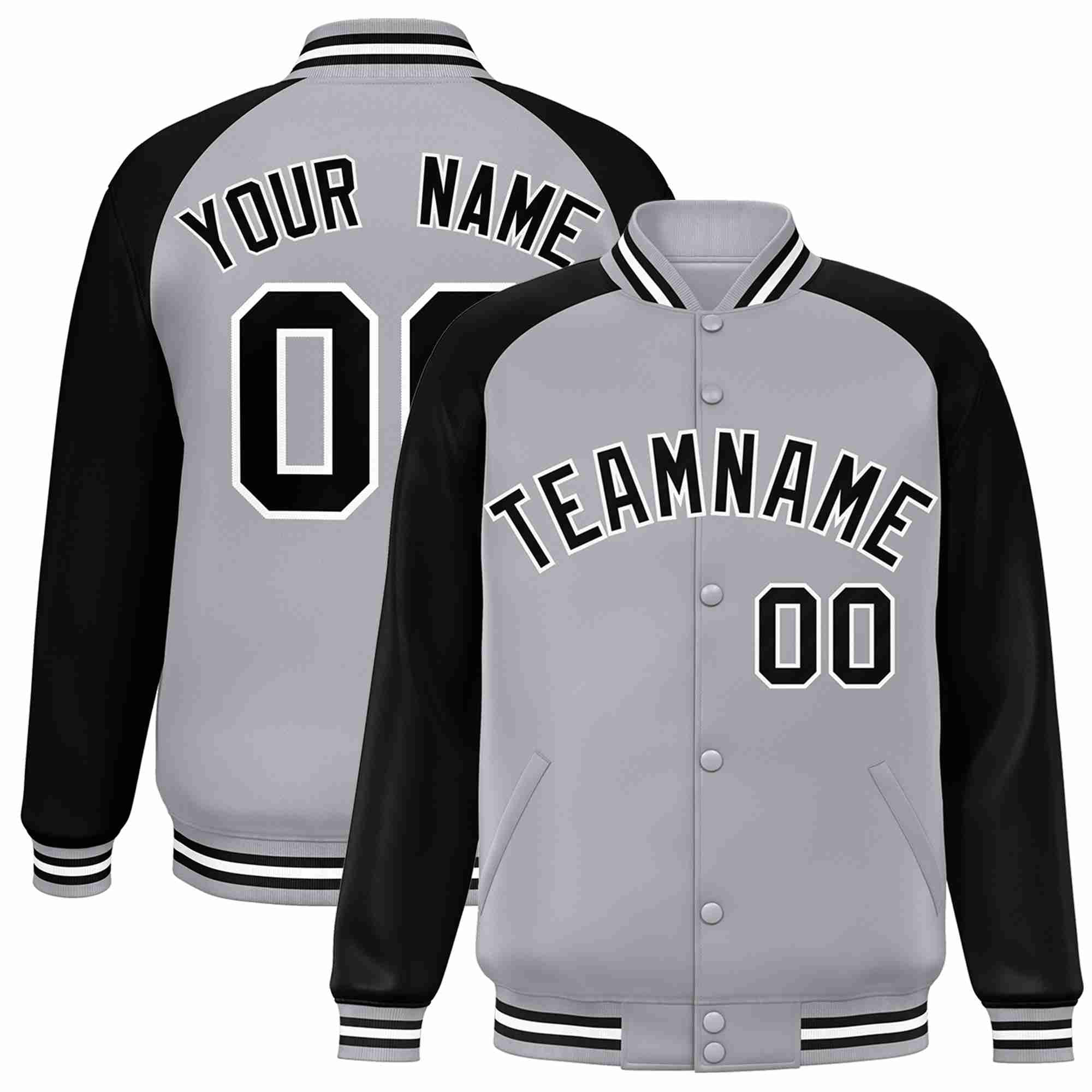 Veste Letterman Varsity Full-Snap à manches raglan gris noir-blanc personnalisée