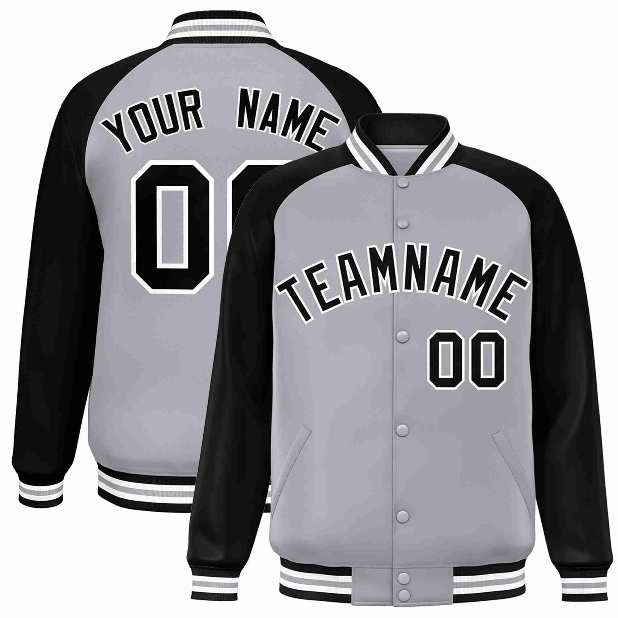 Custom Gray Black-White Raglan Sleeves Varsity Full-Snap Letterman Jacket